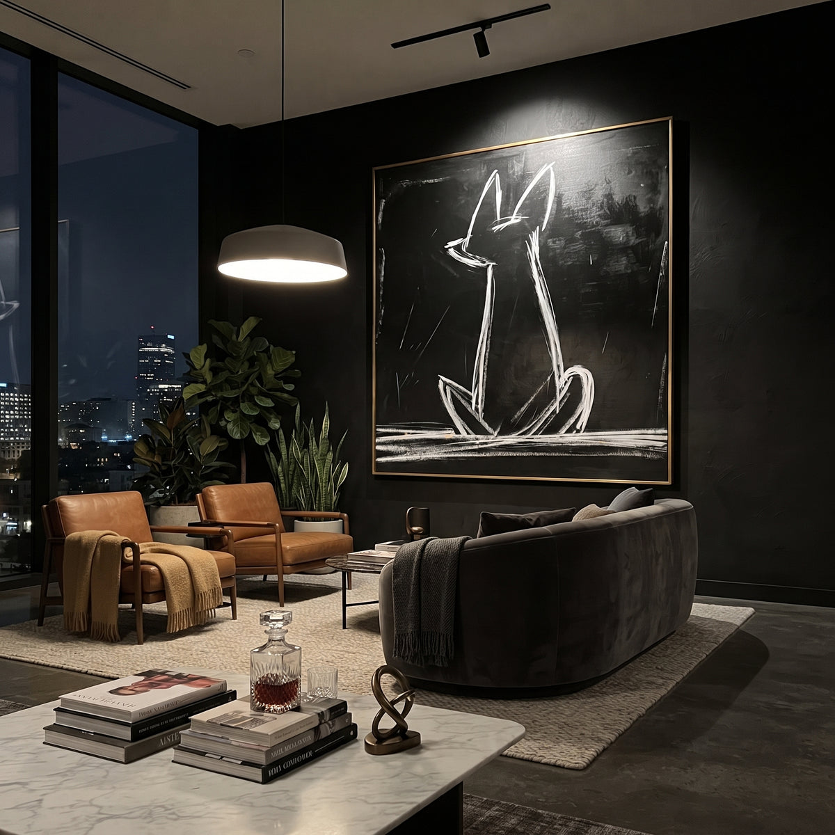 Black Ground White Line Dog focuses on this hand-painted textured canvas features a white line dog silhouette on a deep black ground with expressive chalk-like strokes, long upright ear shapes, a seated body outline, and visible white marks along the lower edge. The composition is described from the actual main image, so the visible subject, color balance, spacing, and surface movement stay specific to this product instead of reading like a batch title. Raised palette-knife layers, sculpted
