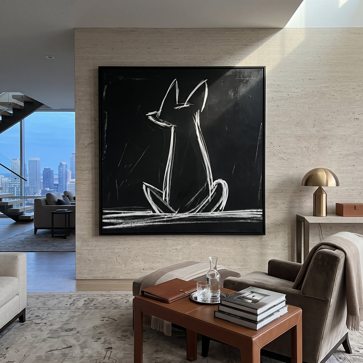 Black Ground White Line Dog focuses on this hand-painted textured canvas features a white line dog silhouette on a deep black ground with expressive chalk-like strokes, long upright ear shapes, a seated body outline, and visible white marks along the lower edge. The composition is described from the actual main image, so the visible subject, color balance, spacing, and surface movement stay specific to this product instead of reading like a batch title. Raised palette-knife layers, sculpted