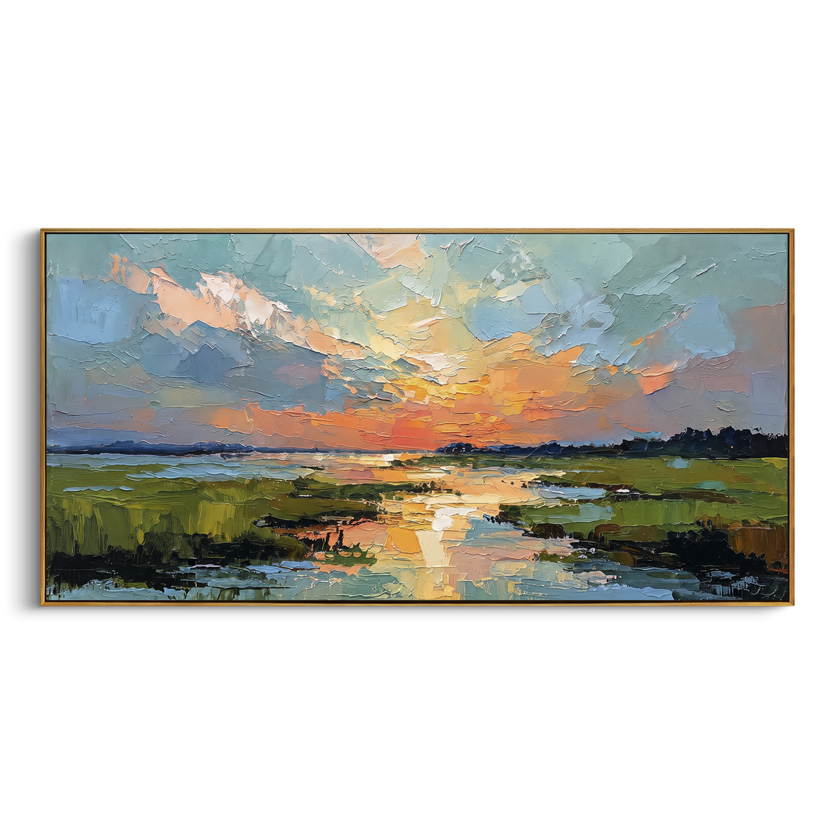 Sunset Wetland Reflection focuses on this hand-painted textured canvas features orange sunset over low wetlands, reflective water, dark tree line, and blue sky blocks. The composition is described from the actual main image, so the visible subject, color balance, spacing, and surface movement stay specific to this product instead of reading like a batch title. Raised palette-knife layers, sculpted impasto ridges, softened brush transitions, and tactile handmade texture give the canvas