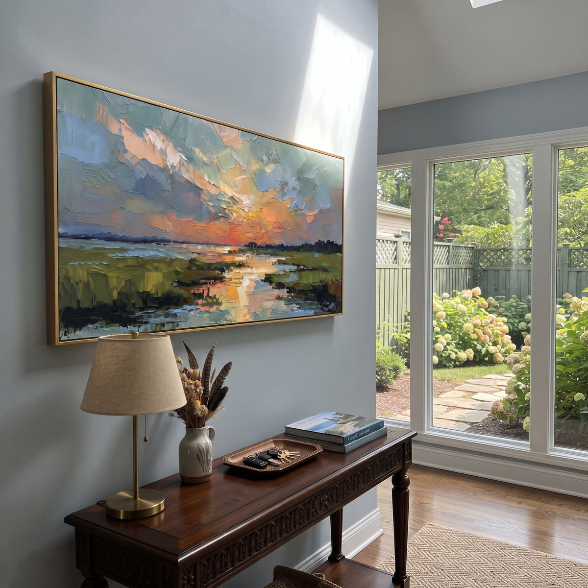 Sunset Wetland Reflection focuses on this hand-painted textured canvas features orange sunset over low wetlands, reflective water, dark tree line, and blue sky blocks. The composition is described from the actual main image, so the visible subject, color balance, spacing, and surface movement stay specific to this product instead of reading like a batch title. Raised palette-knife layers, sculpted impasto ridges, softened brush transitions, and tactile handmade texture give the canvas
