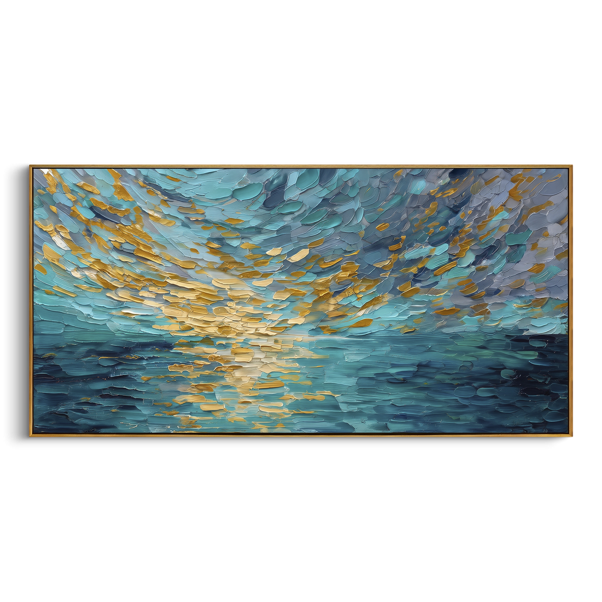 Golden Blue Ocean Reflection focuses on this hand-painted textured canvas features gold flecks across blue ocean water, broad shimmering reflection, and textured evening sky. The composition is described from the actual main image, so the visible subject, color balance, spacing, and surface movement stay specific to this product instead of reading like a batch title. Raised palette-knife layers, sculpted impasto ridges, softened brush transitions, and tactile handmade texture give the canvas