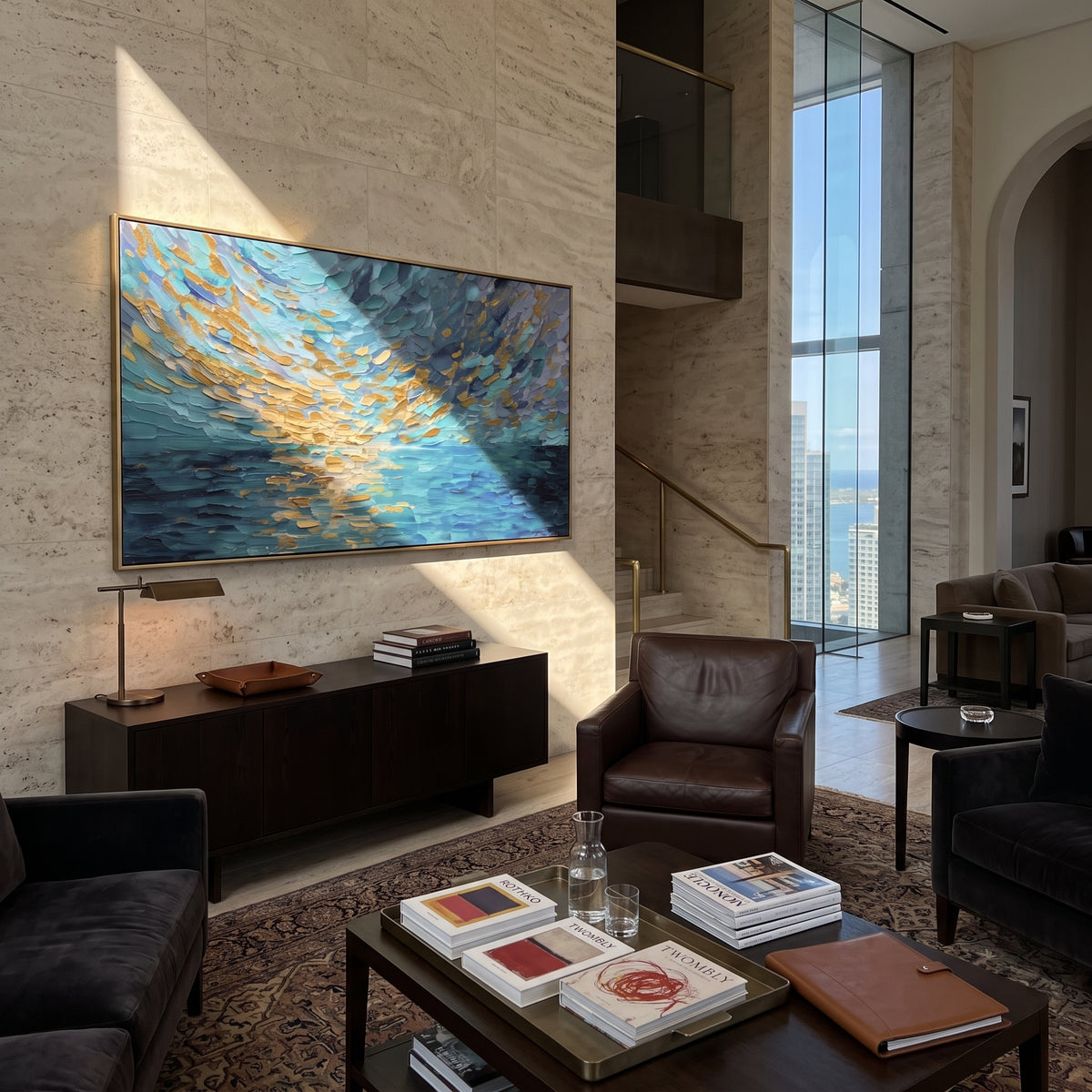 Golden Blue Ocean Reflection focuses on this hand-painted textured canvas features gold flecks across blue ocean water, broad shimmering reflection, and textured evening sky. The composition is described from the actual main image, so the visible subject, color balance, spacing, and surface movement stay specific to this product instead of reading like a batch title. Raised palette-knife layers, sculpted impasto ridges, softened brush transitions, and tactile handmade texture give the canvas