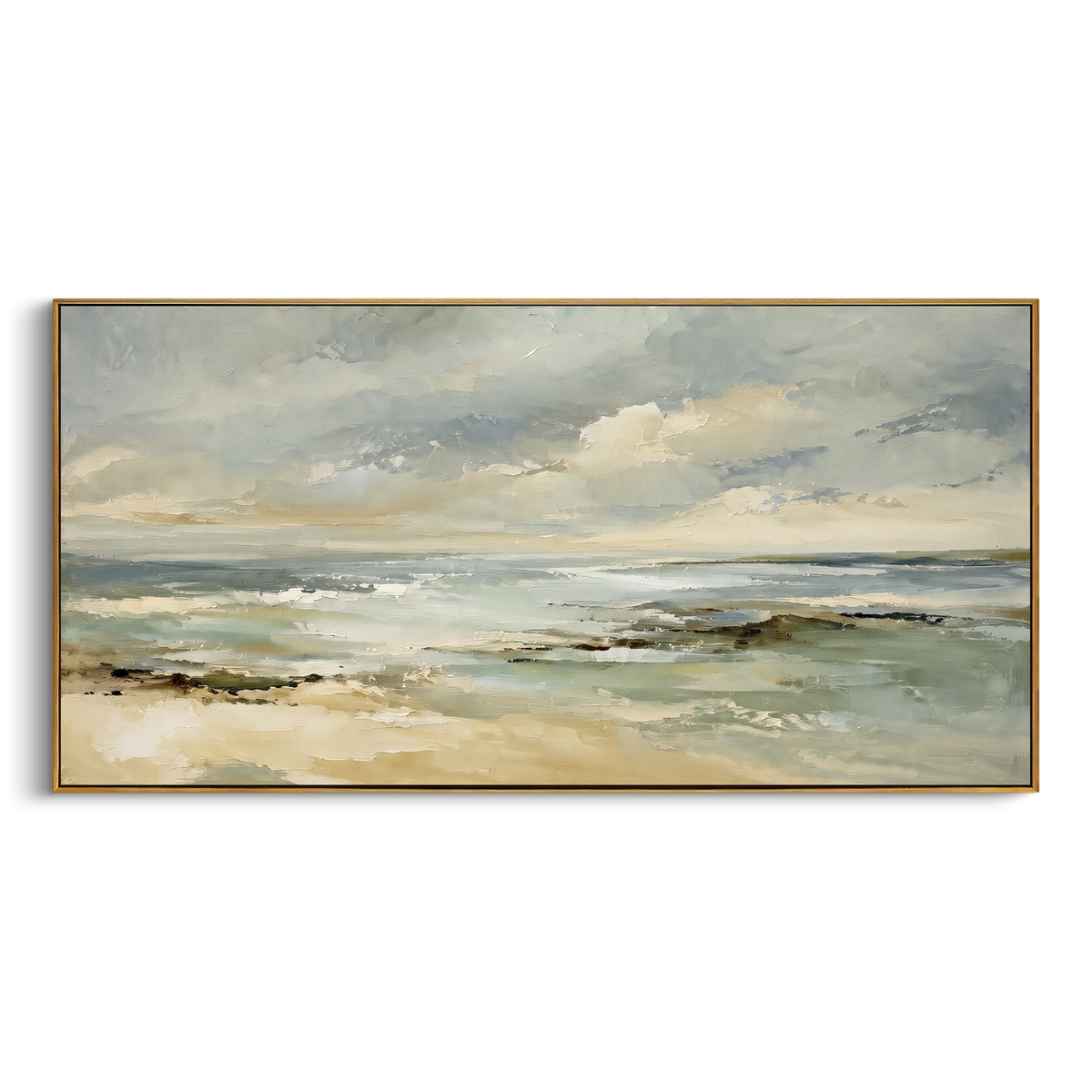 Misty Shoreline Horizon focuses on this hand-painted textured canvas features soft grey shoreline, pale sea horizon, low clouds, and calm sandy coastal light. The composition is described from the actual main image, so the visible subject, color balance, spacing, and surface movement stay specific to this product instead of reading like a batch title. Raised palette-knife layers, sculpted impasto ridges, softened brush transitions, and tactile handmade texture give the canvas dimensional depth