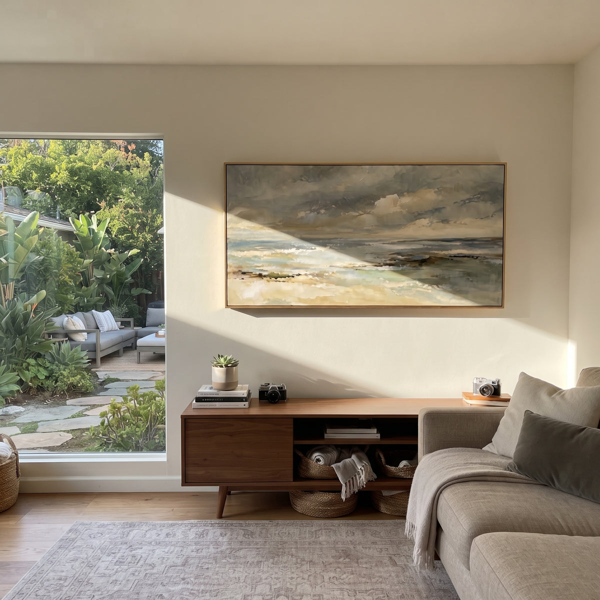 Misty Shoreline Horizon focuses on this hand-painted textured canvas features soft grey shoreline, pale sea horizon, low clouds, and calm sandy coastal light. The composition is described from the actual main image, so the visible subject, color balance, spacing, and surface movement stay specific to this product instead of reading like a batch title. Raised palette-knife layers, sculpted impasto ridges, softened brush transitions, and tactile handmade texture give the canvas dimensional depth