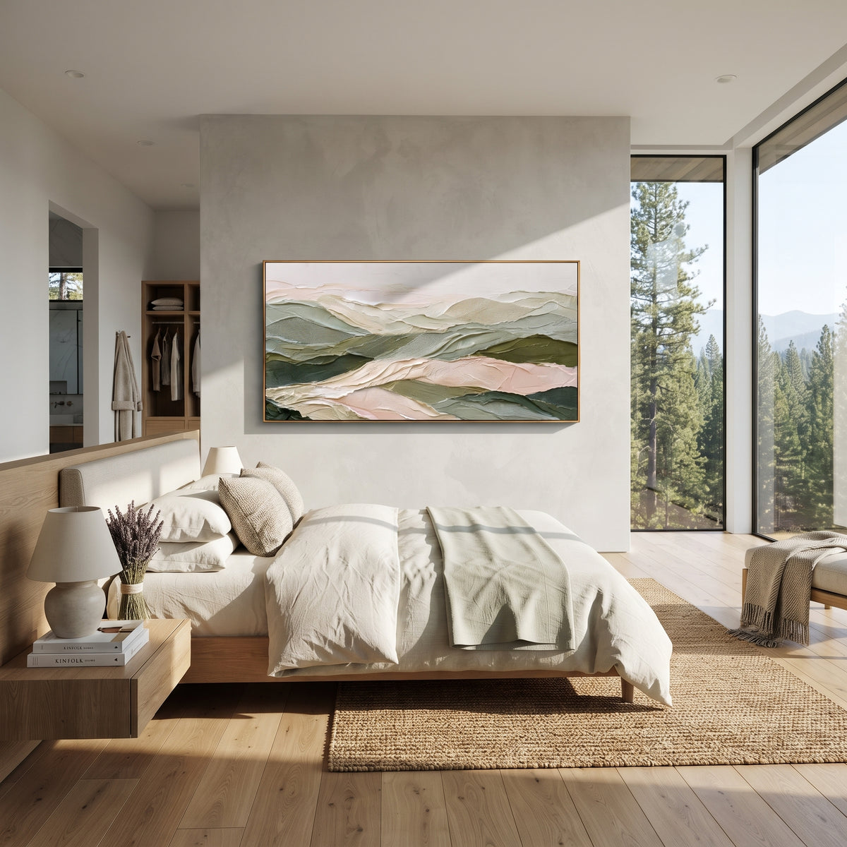 Soft Green Mountain Range focuses on this hand-painted textured canvas features soft green layered mountain range, pale valley folds, and quiet white ridgelines. The composition is described from the actual main image, so the visible subject, color balance, spacing, and surface movement stay specific to this product instead of reading like a batch title. Raised palette-knife layers, sculpted impasto ridges, softened brush transitions, and tactile handmade texture give the canvas dimensional