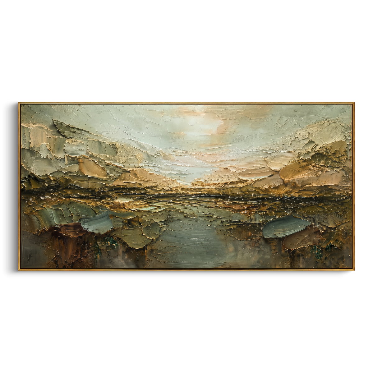 Earth Tone Lake Valley focuses on this hand-painted textured canvas features earth toned lake valley with rocky banks, muted mountains, and heavy impasto terrain. The composition is described from the actual main image, so the visible subject, color balance, spacing, and surface movement stay specific to this product instead of reading like a batch title. Raised palette-knife layers, sculpted impasto ridges, softened brush transitions, and tactile handmade texture give the canvas dimensional