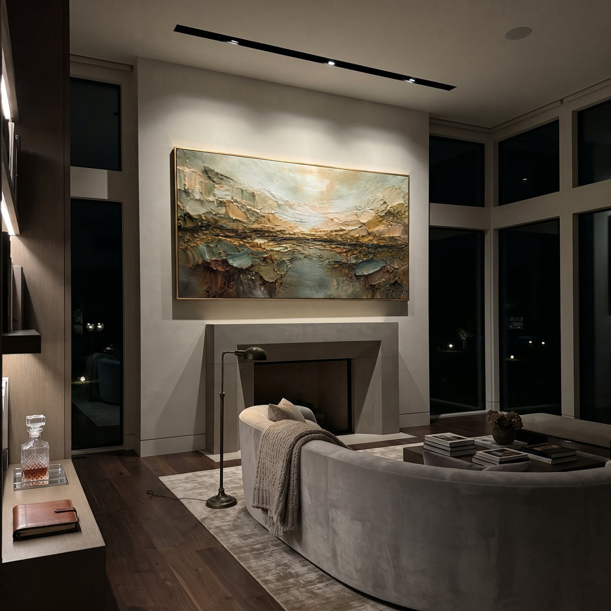 Earth Tone Lake Valley focuses on this hand-painted textured canvas features earth toned lake valley with rocky banks, muted mountains, and heavy impasto terrain. The composition is described from the actual main image, so the visible subject, color balance, spacing, and surface movement stay specific to this product instead of reading like a batch title. Raised palette-knife layers, sculpted impasto ridges, softened brush transitions, and tactile handmade texture give the canvas dimensional