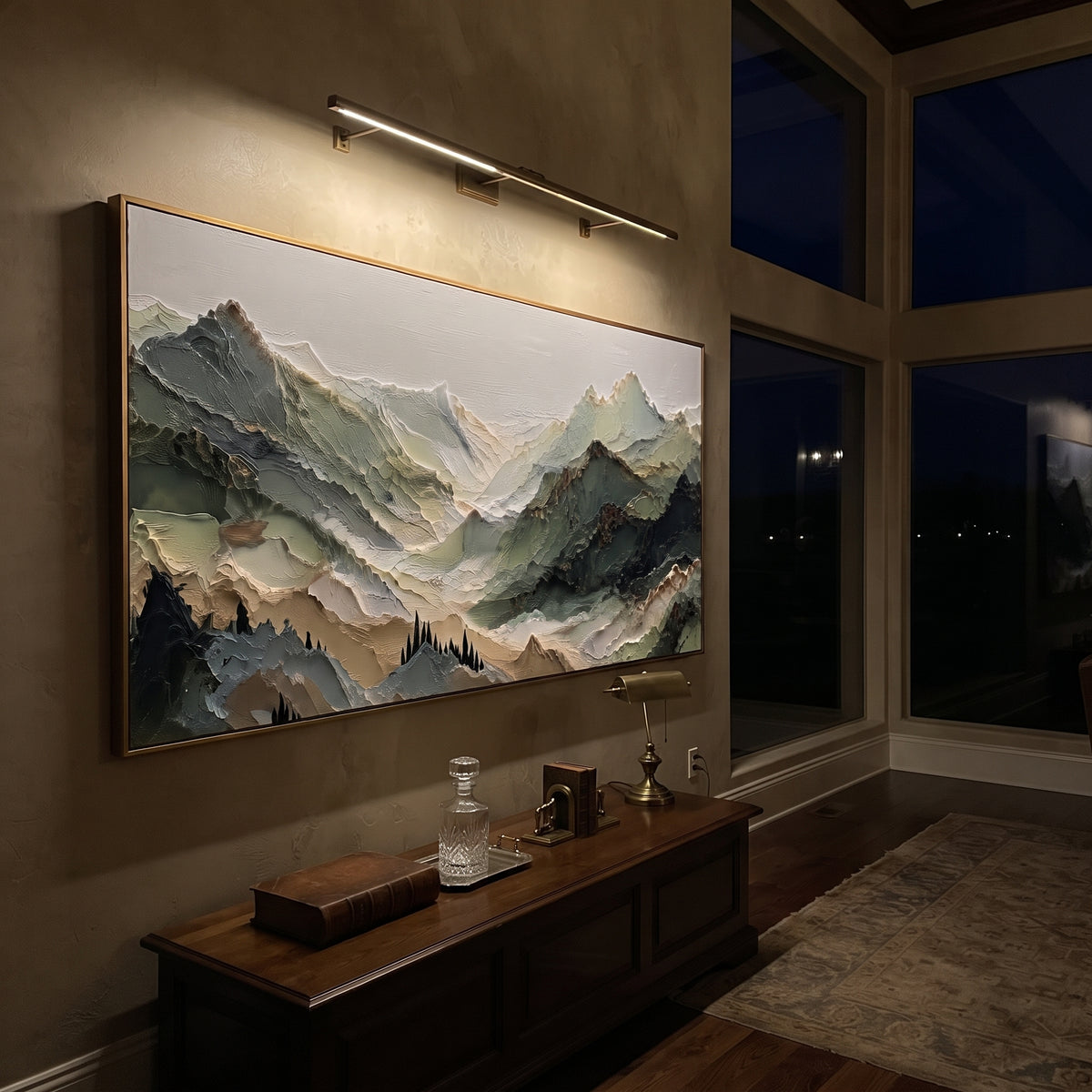 Misty Mountain River Valley focuses on this hand-painted textured canvas features misty blue green mountain river valley, white peaks, and layered forest slopes. The composition is described from the actual main image, so the visible subject, color balance, spacing, and surface movement stay specific to this product instead of reading like a batch title. Raised palette-knife layers, sculpted impasto ridges, softened brush transitions, and tactile handmade texture give the canvas dimensional