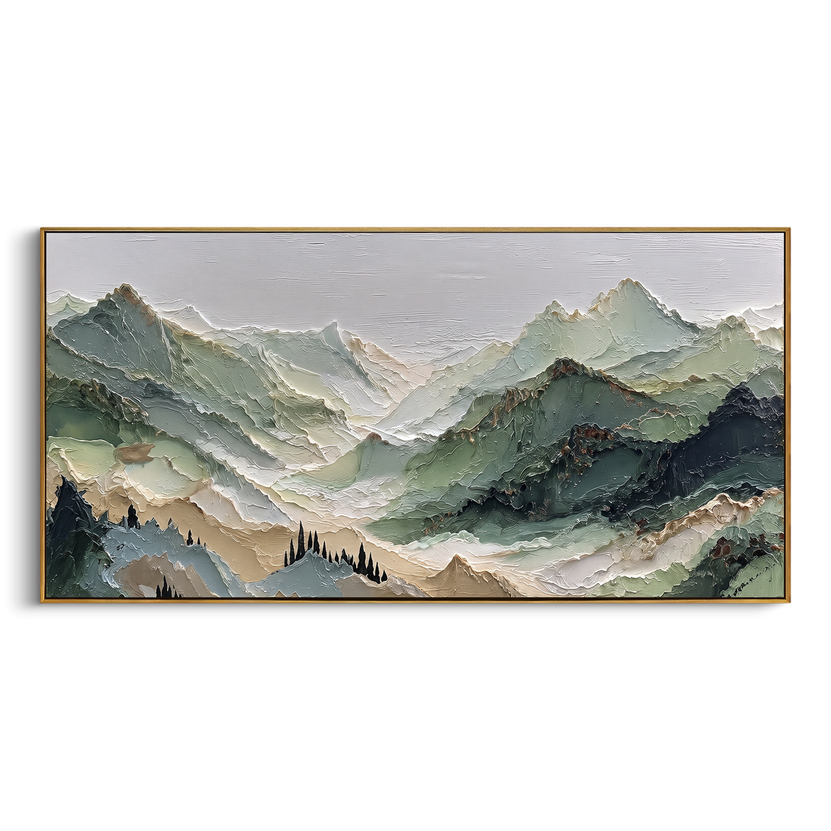 Misty Mountain River Valley focuses on this hand-painted textured canvas features misty blue green mountain river valley, white peaks, and layered forest slopes. The composition is described from the actual main image, so the visible subject, color balance, spacing, and surface movement stay specific to this product instead of reading like a batch title. Raised palette-knife layers, sculpted impasto ridges, softened brush transitions, and tactile handmade texture give the canvas dimensional