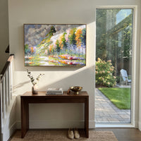 Flowering Garden Path focuses on this hand-painted textured canvas features bright garden path with flowering trees, white clouds, and colorful spring meadow strokes. The composition is described from the actual main image, so the visible subject, color balance, spacing, and surface movement stay specific to this product instead of reading like a batch title. Raised palette-knife layers, sculpted impasto ridges, softened brush transitions, and tactile handmade texture give the canvas dimensional