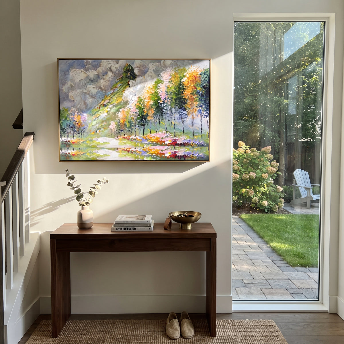 Flowering Garden Path focuses on this hand-painted textured canvas features bright garden path with flowering trees, white clouds, and colorful spring meadow strokes. The composition is described from the actual main image, so the visible subject, color balance, spacing, and surface movement stay specific to this product instead of reading like a batch title. Raised palette-knife layers, sculpted impasto ridges, softened brush transitions, and tactile handmade texture give the canvas dimensional