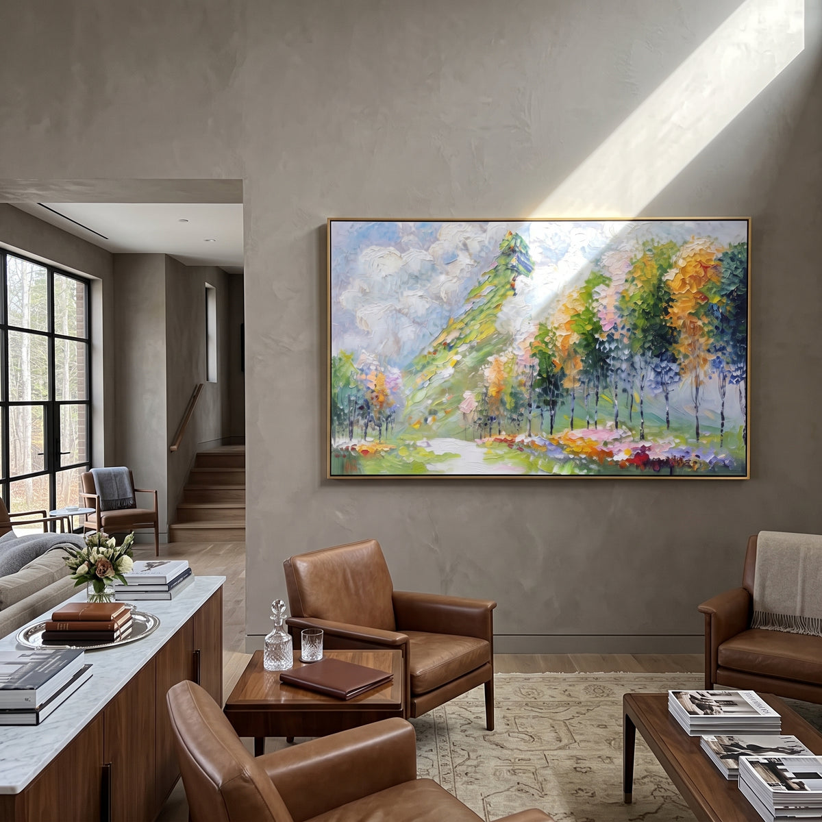 Flowering Garden Path focuses on this hand-painted textured canvas features bright garden path with flowering trees, white clouds, and colorful spring meadow strokes. The composition is described from the actual main image, so the visible subject, color balance, spacing, and surface movement stay specific to this product instead of reading like a batch title. Raised palette-knife layers, sculpted impasto ridges, softened brush transitions, and tactile handmade texture give the canvas dimensional