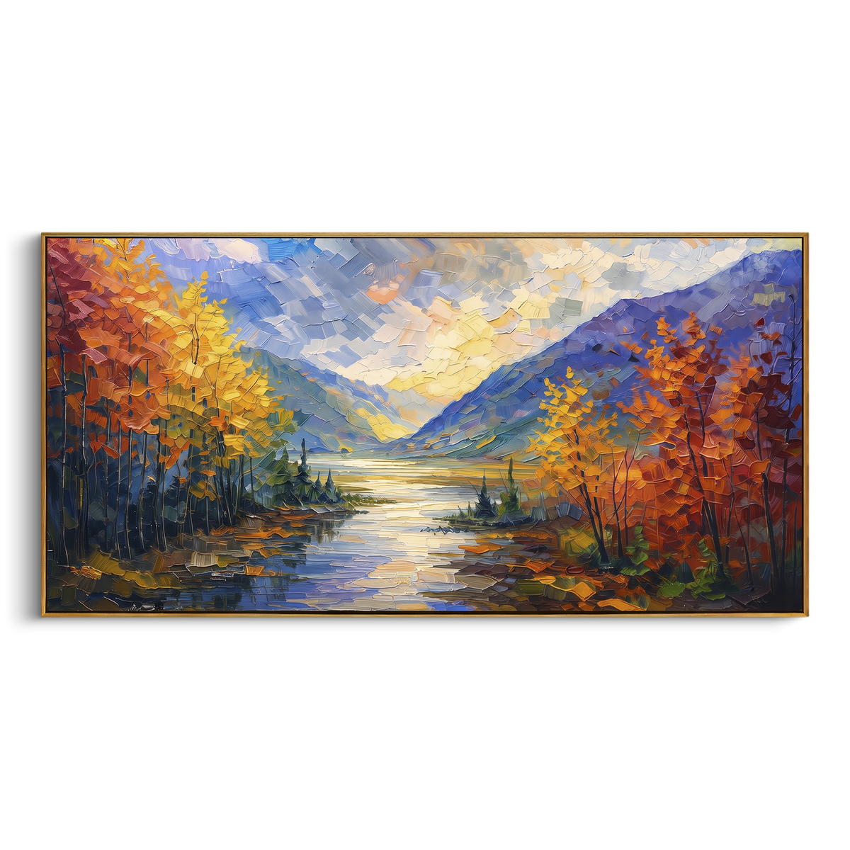 Autumn River Mountain focuses on this hand-painted textured canvas features autumn trees beside a river, blue mountains, golden sky, and colorful reflected banks. The composition is described from the actual main image, so the visible subject, color balance, spacing, and surface movement stay specific to this product instead of reading like a batch title. Raised palette-knife layers, sculpted impasto ridges, softened brush transitions, and tactile handmade texture give the canvas dimensional