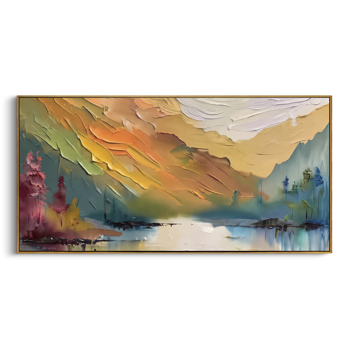 "Rainbow Mountain Lake" - Modern Heavy Impasto Landscape Artwork | Orange & Green Palette Knife Painting | Luxury Horizontal Wall Art #PT 2031