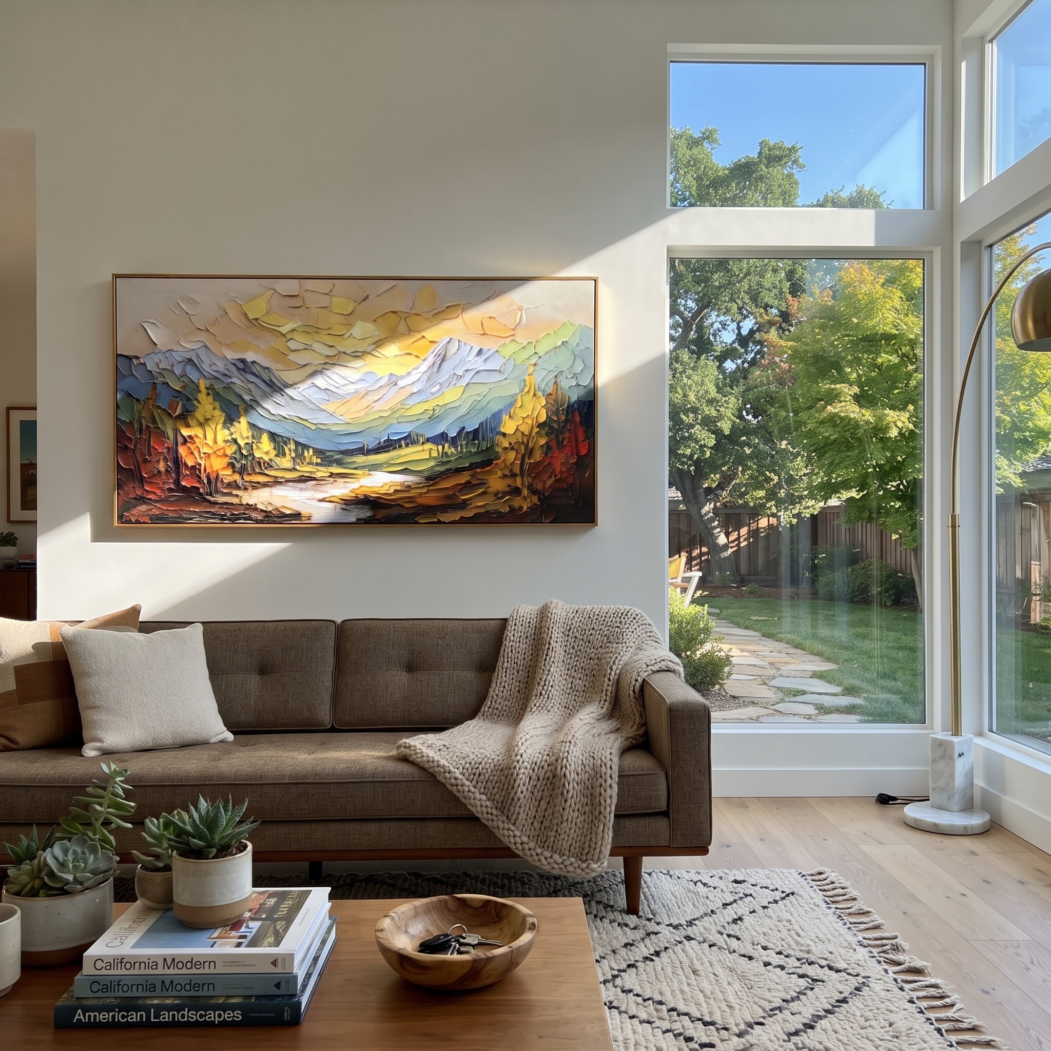 Golden Peak River Valley focuses on this hand-painted textured canvas features golden sky over blue mountains, river valley, warm autumn trees, and raised forest texture. The composition is described from the actual main image, so the visible subject, color balance, spacing, and surface movement stay specific to this product instead of reading like a batch title. Raised palette-knife layers, sculpted impasto ridges, softened brush transitions, and tactile handmade texture give the canvas