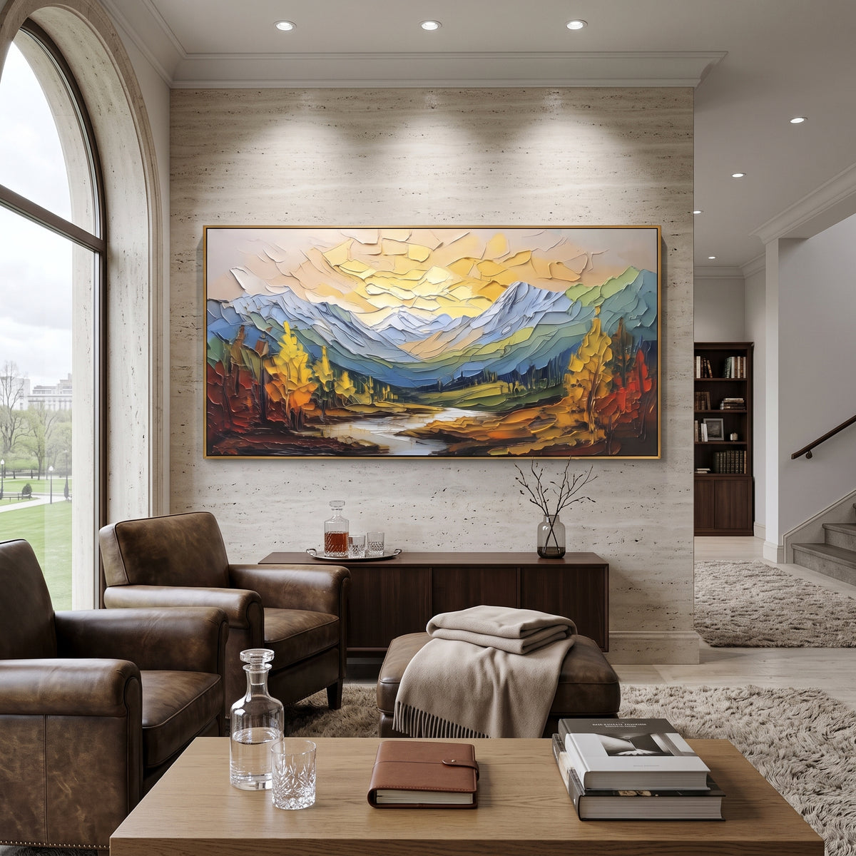 Golden Peak River Valley focuses on this hand-painted textured canvas features golden sky over blue mountains, river valley, warm autumn trees, and raised forest texture. The composition is described from the actual main image, so the visible subject, color balance, spacing, and surface movement stay specific to this product instead of reading like a batch title. Raised palette-knife layers, sculpted impasto ridges, softened brush transitions, and tactile handmade texture give the canvas