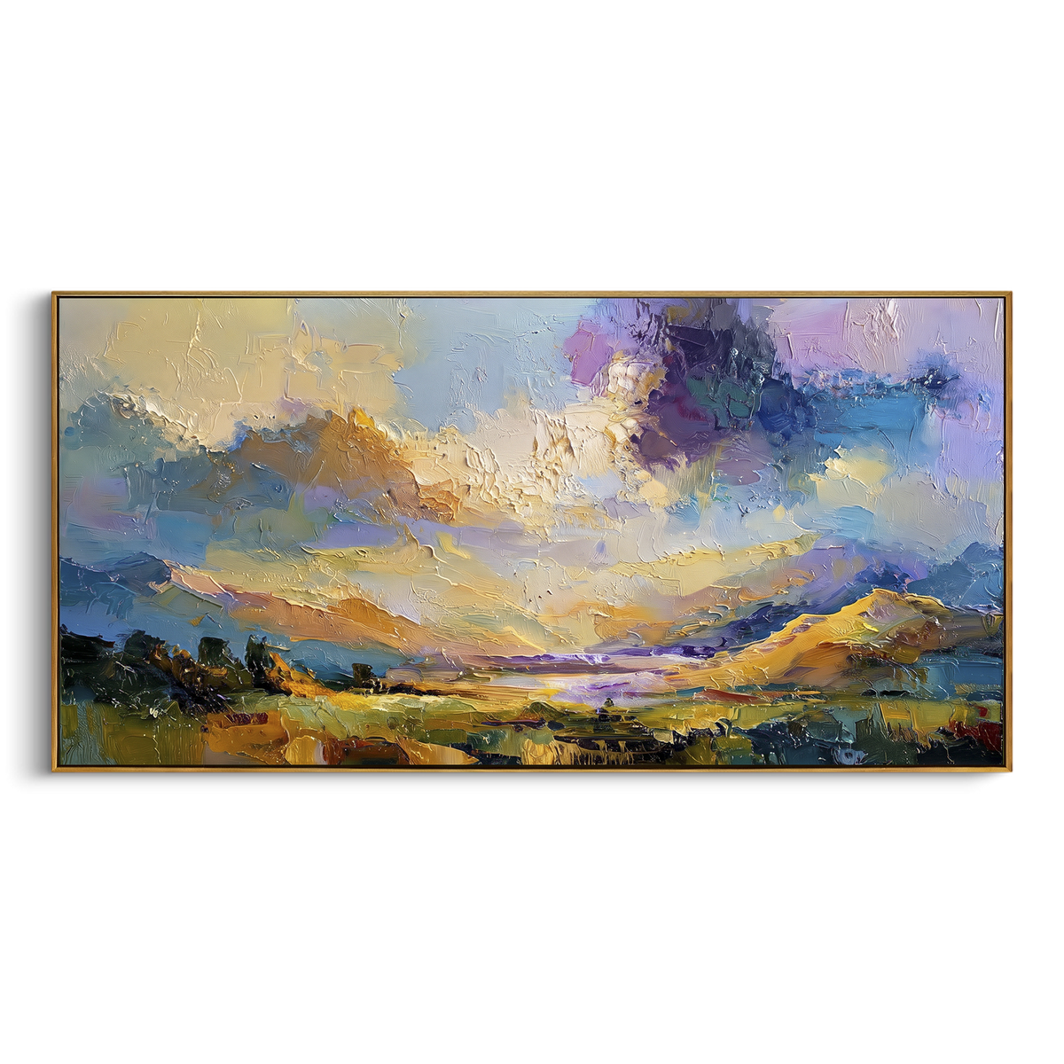 Purple Sky Meadow Landscape focuses on this hand-painted textured canvas features purple and blue sky over yellow green meadow, low hills, and expressive impasto clouds. The composition is described from the actual main image, so the visible subject, color balance, spacing, and surface movement stay specific to this product instead of reading like a batch title. Raised palette-knife layers, sculpted impasto ridges, softened brush transitions, and tactile handmade texture give the canvas