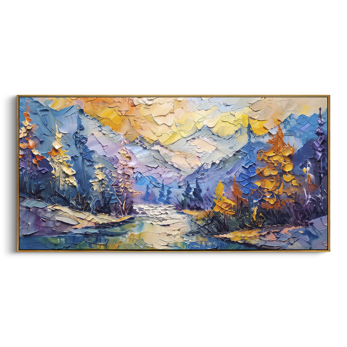 Snowy Alpine River focuses on this hand-painted textured canvas features snowy alpine peaks, blue river, orange trees, and thick mountain texture. The composition is described from the actual main image, so the visible subject, color balance, spacing, and surface movement stay specific to this product instead of reading like a batch title. Raised palette-knife layers, sculpted impasto ridges, softened brush transitions, and tactile handmade texture give the canvas dimensional depth under