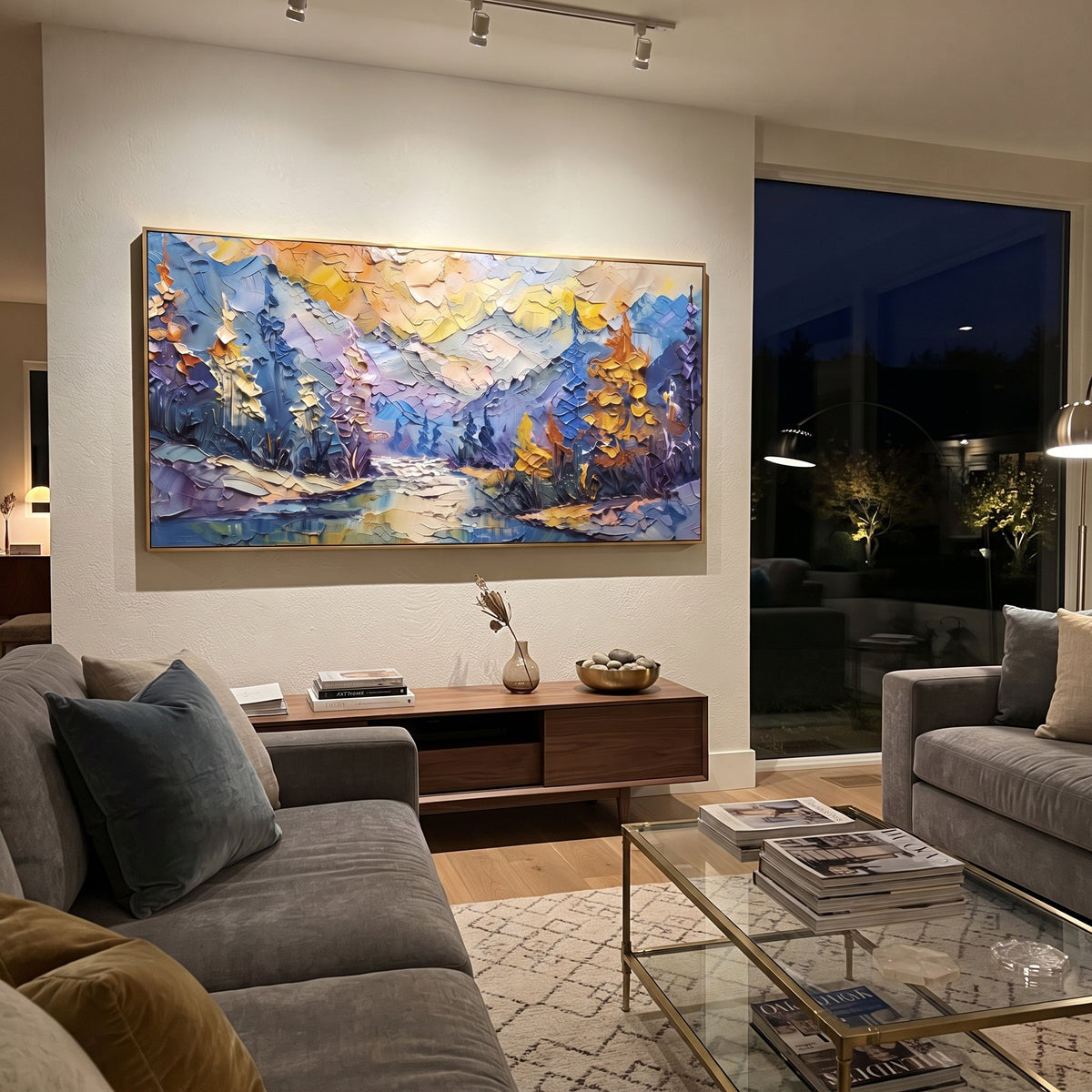 Snowy Alpine River focuses on this hand-painted textured canvas features snowy alpine peaks, blue river, orange trees, and thick mountain texture. The composition is described from the actual main image, so the visible subject, color balance, spacing, and surface movement stay specific to this product instead of reading like a batch title. Raised palette-knife layers, sculpted impasto ridges, softened brush transitions, and tactile handmade texture give the canvas dimensional depth under
