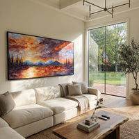 Red Sunset Lake Forest focuses on this hand-painted textured canvas features red orange cloudbank over a lake, dark pines, distant mountains, and glowing water. The composition is described from the actual main image, so the visible subject, color balance, spacing, and surface movement stay specific to this product instead of reading like a batch title. Raised palette-knife layers, sculpted impasto ridges, softened brush transitions, and tactile handmade texture give the canvas dimensional depth