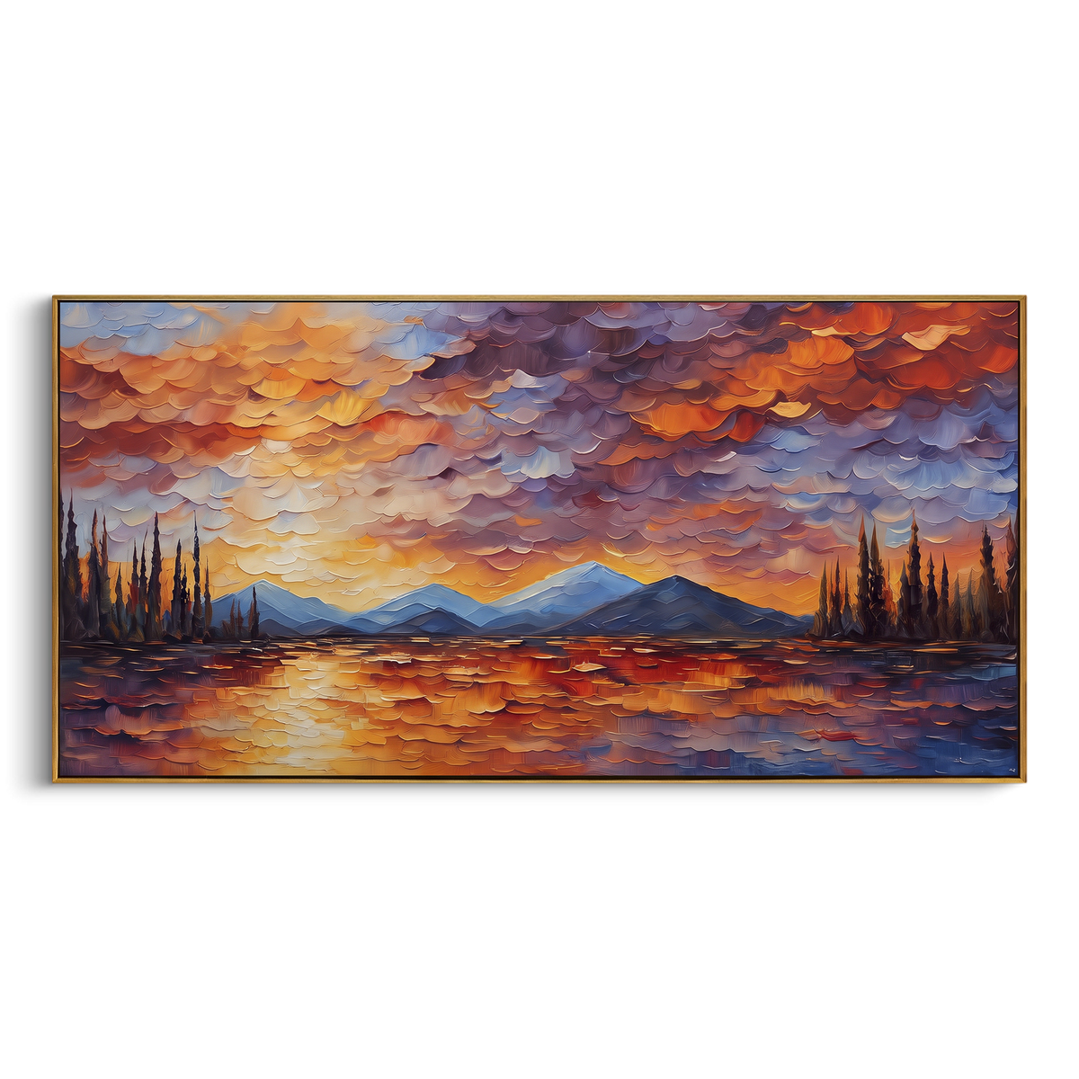 "Red Sunset Lake Forest" - Modern Heavy Impasto Landscape Artwork | Orange & Red Palette Knife Painting | Luxury Horizontal Wall Art #PT 2035