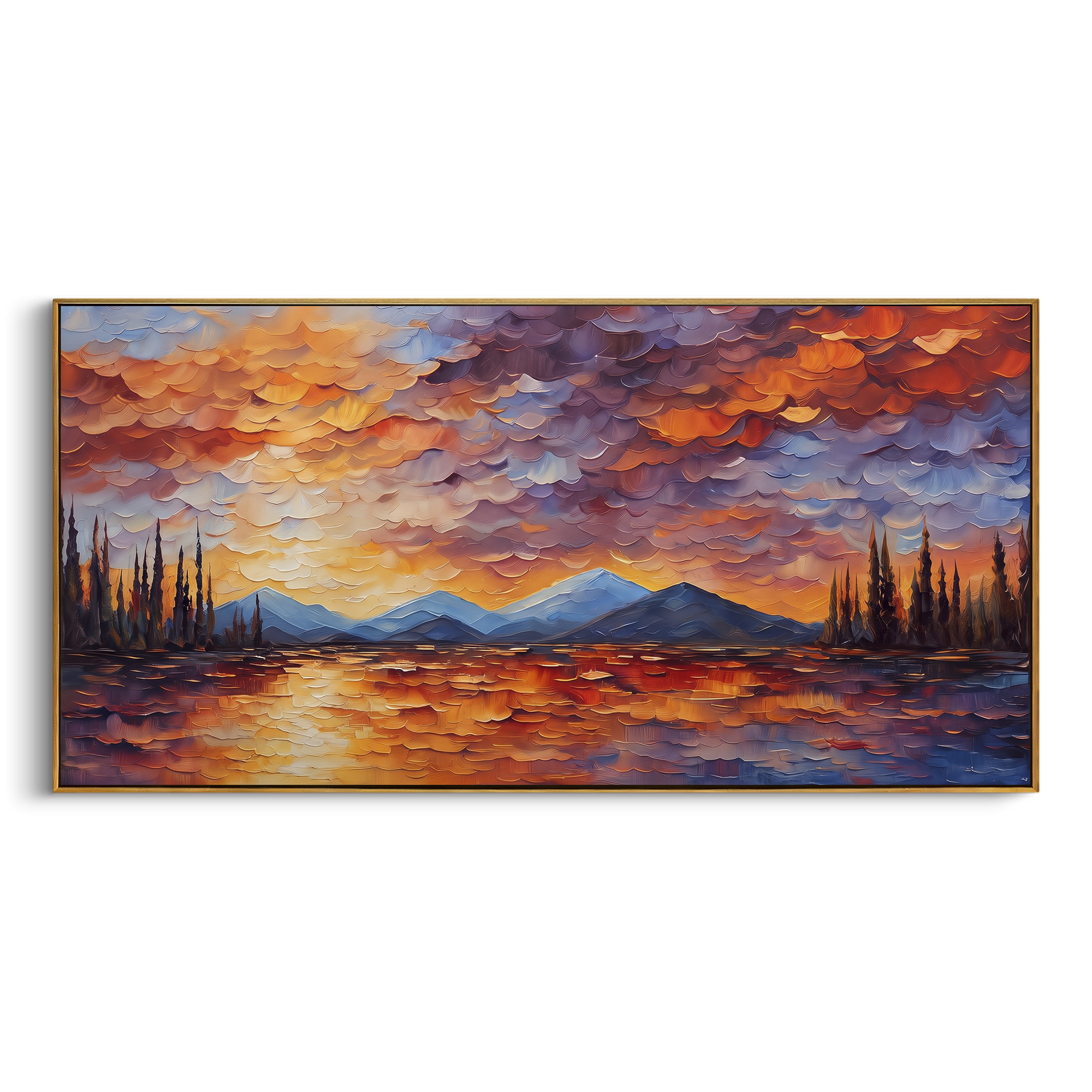 Red Sunset Lake Forest focuses on this hand-painted textured canvas features red orange cloudbank over a lake, dark pines, distant mountains, and glowing water. The composition is described from the actual main image, so the visible subject, color balance, spacing, and surface movement stay specific to this product instead of reading like a batch title. Raised palette-knife layers, sculpted impasto ridges, softened brush transitions, and tactile handmade texture give the canvas dimensional depth