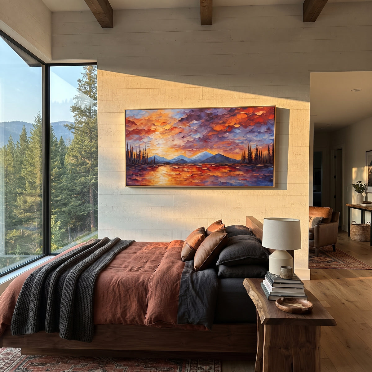 Red Sunset Lake Forest focuses on this hand-painted textured canvas features red orange cloudbank over a lake, dark pines, distant mountains, and glowing water. The composition is described from the actual main image, so the visible subject, color balance, spacing, and surface movement stay specific to this product instead of reading like a batch title. Raised palette-knife layers, sculpted impasto ridges, softened brush transitions, and tactile handmade texture give the canvas dimensional depth
