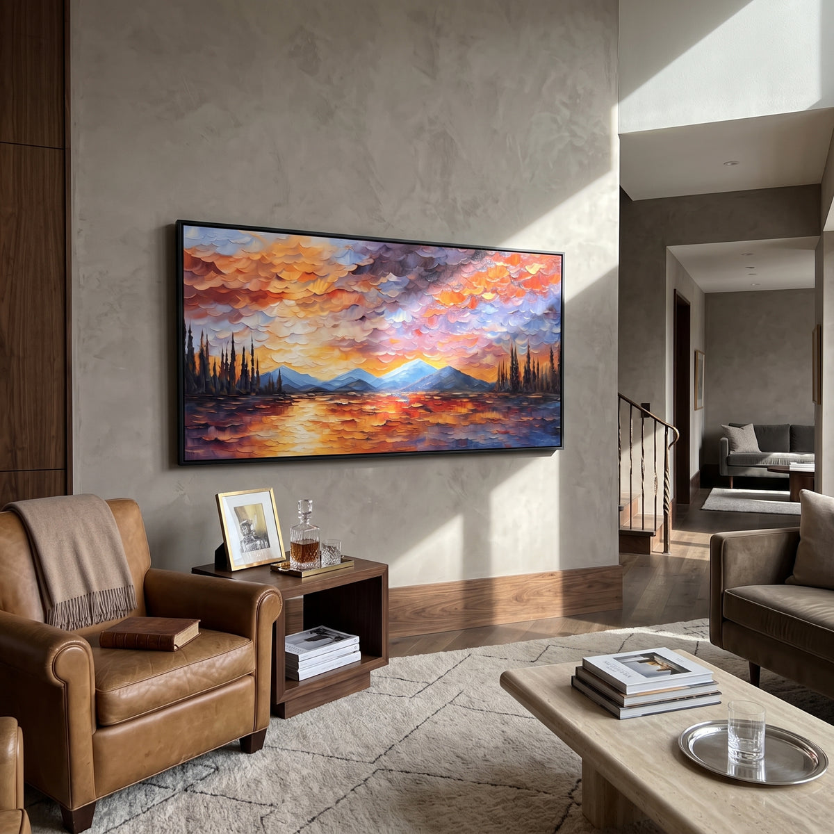 Red Sunset Lake Forest focuses on this hand-painted textured canvas features red orange cloudbank over a lake, dark pines, distant mountains, and glowing water. The composition is described from the actual main image, so the visible subject, color balance, spacing, and surface movement stay specific to this product instead of reading like a batch title. Raised palette-knife layers, sculpted impasto ridges, softened brush transitions, and tactile handmade texture give the canvas dimensional depth