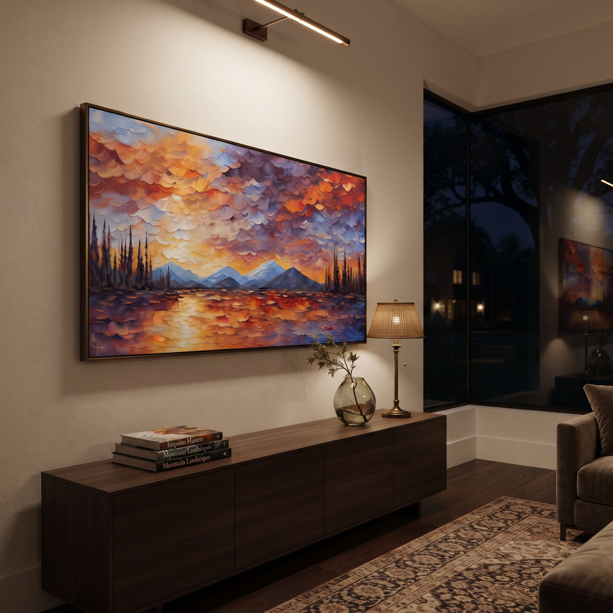 Red Sunset Lake Forest focuses on this hand-painted textured canvas features red orange cloudbank over a lake, dark pines, distant mountains, and glowing water. The composition is described from the actual main image, so the visible subject, color balance, spacing, and surface movement stay specific to this product instead of reading like a batch title. Raised palette-knife layers, sculpted impasto ridges, softened brush transitions, and tactile handmade texture give the canvas dimensional depth