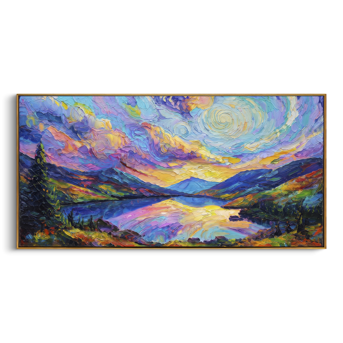 Swirling Valley Lake focuses on this hand-painted textured canvas features swirling colorful sky over green valley lake, blue hills, and expressive brush movement. The composition is described from the actual main image, so the visible subject, color balance, spacing, and surface movement stay specific to this product instead of reading like a batch title. Raised palette-knife layers, sculpted impasto ridges, softened brush transitions, and tactile handmade texture give the canvas dimensional