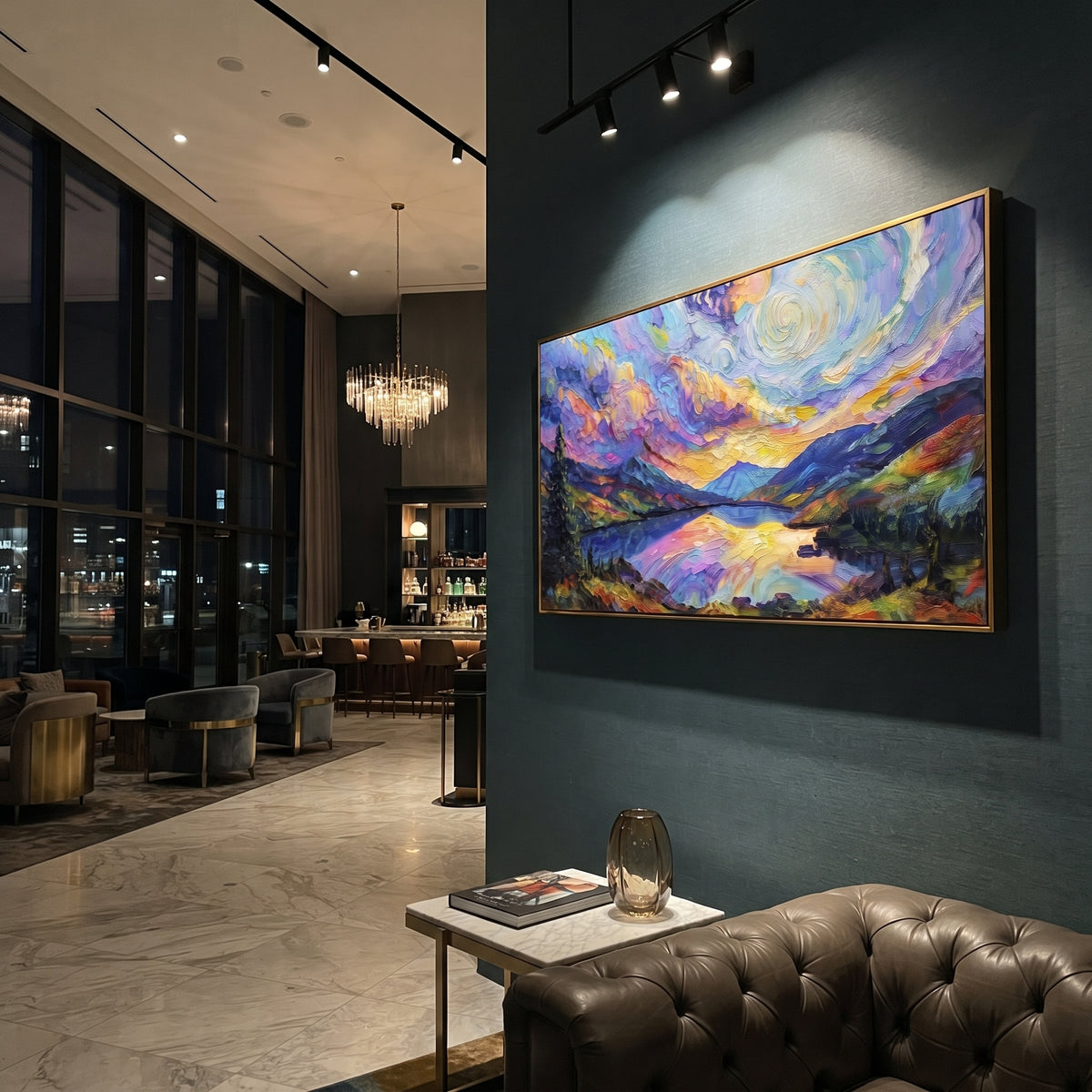 Swirling Valley Lake focuses on this hand-painted textured canvas features swirling colorful sky over green valley lake, blue hills, and expressive brush movement. The composition is described from the actual main image, so the visible subject, color balance, spacing, and surface movement stay specific to this product instead of reading like a batch title. Raised palette-knife layers, sculpted impasto ridges, softened brush transitions, and tactile handmade texture give the canvas dimensional