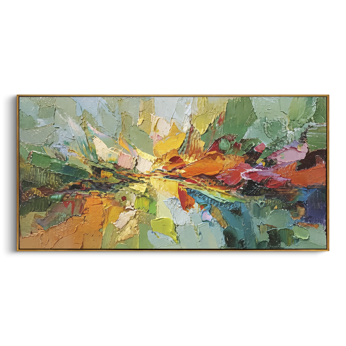 Colorful Abstract River Valley focuses on this hand-painted textured canvas features abstract river valley with bright green, orange, red, and blue palette-knife fields. The composition is described from the actual main image, so the visible subject, color balance, spacing, and surface movement stay specific to this product instead of reading like a batch title. Raised palette-knife layers, sculpted impasto ridges, softened brush transitions, and tactile handmade texture give the canvas
