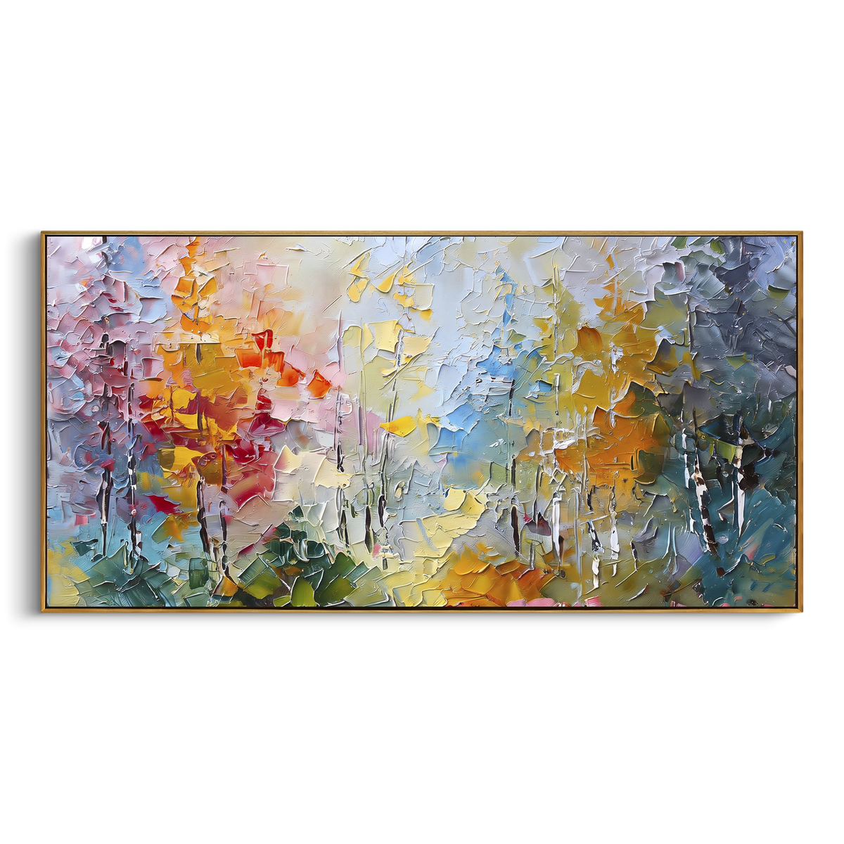 Autumn Birch Forest Path focuses on this hand-painted textured canvas features autumn birch forest path with yellow foliage, blue shadows, and floral undergrowth. The composition is described from the actual main image, so the visible subject, color balance, spacing, and surface movement stay specific to this product instead of reading like a batch title. Raised palette-knife layers, sculpted impasto ridges, softened brush transitions, and tactile handmade texture give the canvas dimensional