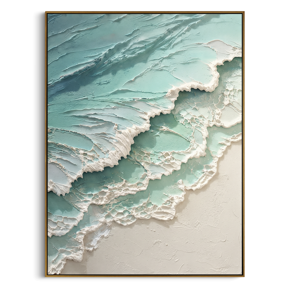 Turquoise Shore Break Relief focuses on this hand-painted textured canvas features turquoise shore break with raised white foam and diagonal beach edge. The composition is described from the actual main image, so the visible subject, color balance, spacing, and surface movement stay specific to this product instead of reading like a batch title. Raised palette-knife layers, sculpted impasto ridges, softened brush transitions, and tactile handmade texture give the canvas dimensional depth under