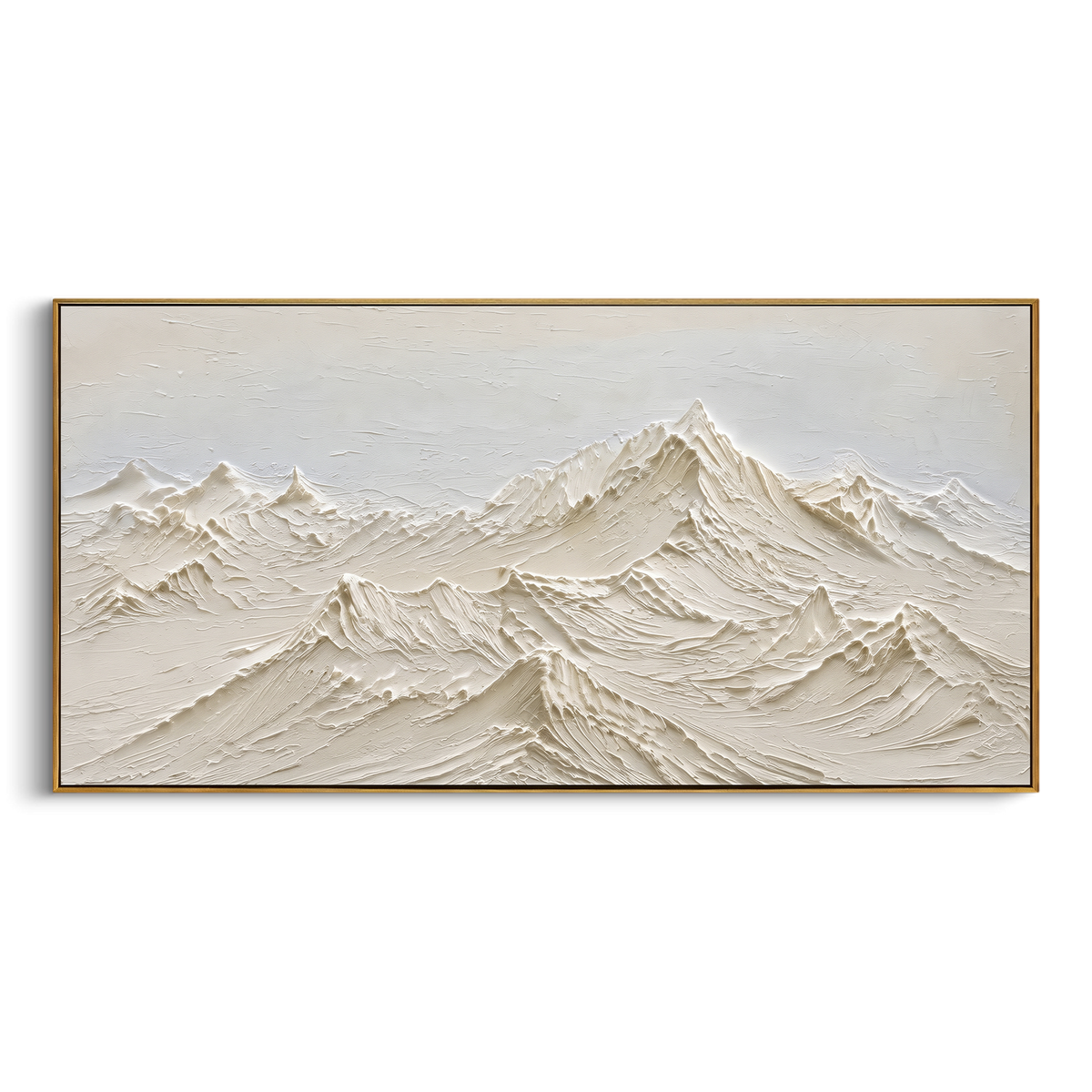 Ivory Mountain Ridge Relief focuses on this hand-painted textured canvas features ivory mountain ridges, soft beige shadows, and carved plaster snowfield texture. The composition is described from the actual main image, so the visible subject, color balance, spacing, and surface movement stay specific to this product instead of reading like a batch title. Raised palette-knife layers, sculpted impasto ridges, softened brush transitions, and tactile handmade texture give the canvas dimensional