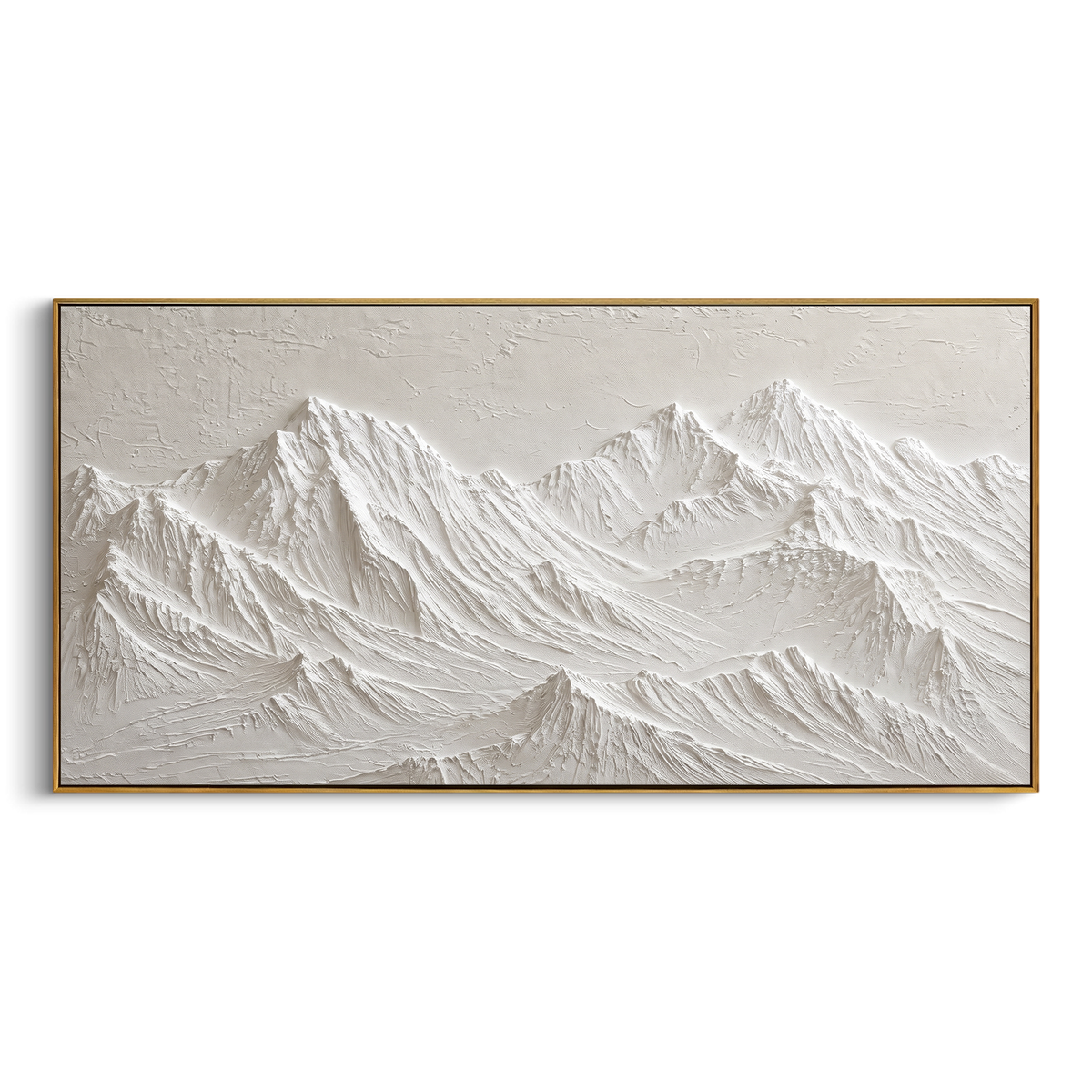 White Snow Peak Relief focuses on this hand-painted textured canvas features broad white snow peaks with layered plaster ridges and quiet neutral sky. The composition is described from the actual main image, so the visible subject, color balance, spacing, and surface movement stay specific to this product instead of reading like a batch title. Raised palette-knife layers, sculpted impasto ridges, softened brush transitions, and tactile handmade texture give the canvas dimensional depth under