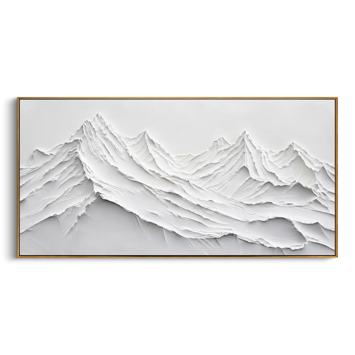 White Cut Paper Mountain Relief focuses on this hand-painted textured canvas features white cut-paper-like mountain layers with crisp ridges and sculpted shadow depth. The composition is described from the actual main image, so the visible subject, color balance, spacing, and surface movement stay specific to this product instead of reading like a batch title. Raised palette-knife layers, sculpted impasto ridges, softened brush transitions, and tactile handmade texture give the canvas