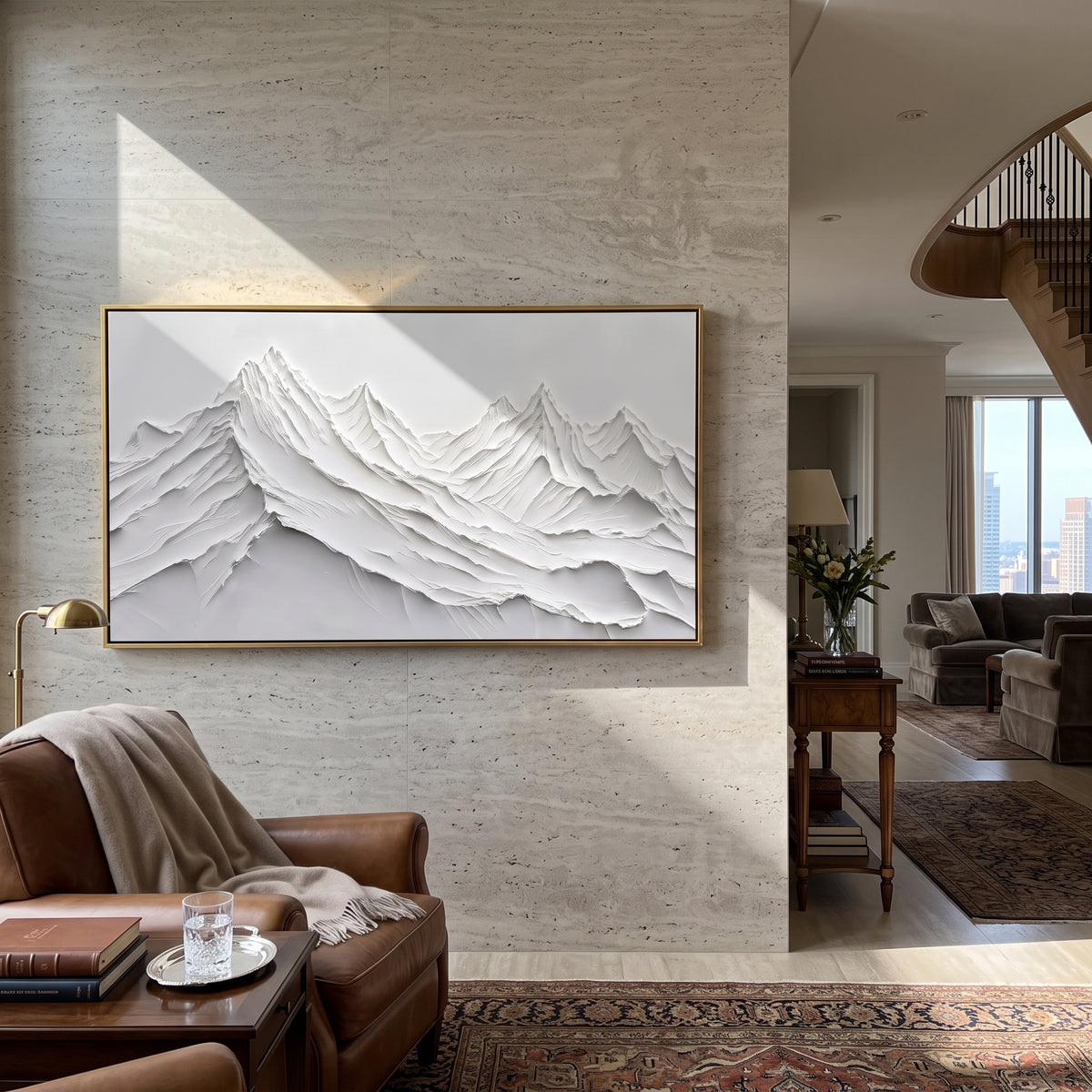 White Cut Paper Mountain Relief focuses on this hand-painted textured canvas features white cut-paper-like mountain layers with crisp ridges and sculpted shadow depth. The composition is described from the actual main image, so the visible subject, color balance, spacing, and surface movement stay specific to this product instead of reading like a batch title. Raised palette-knife layers, sculpted impasto ridges, softened brush transitions, and tactile handmade texture give the canvas