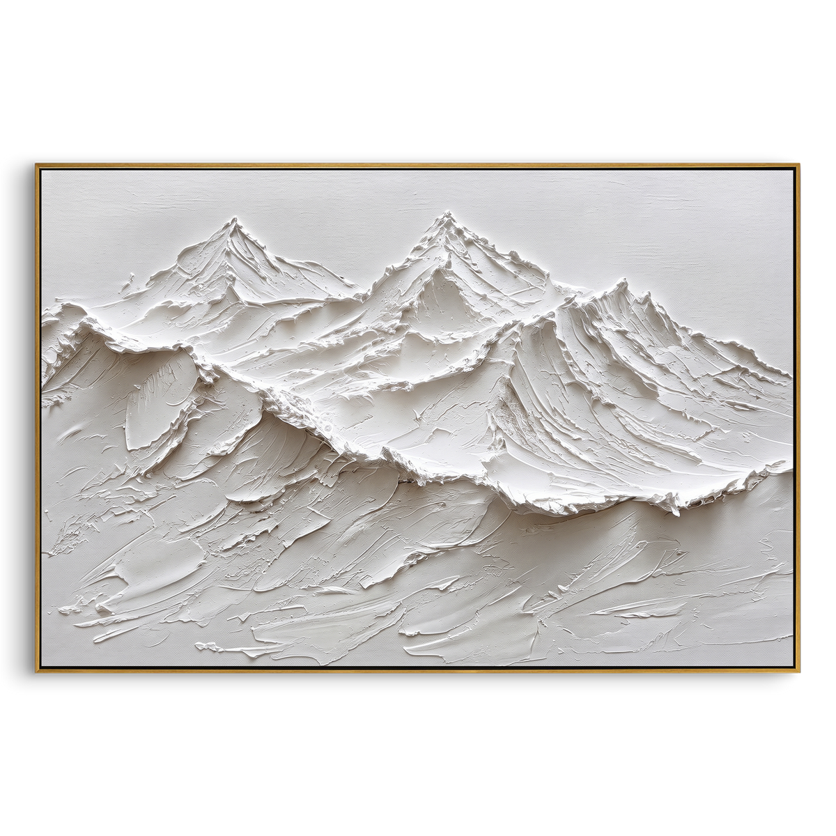 White Mountain Relief Range focuses on this hand-painted textured canvas features white mountain relief range with raised snowy peaks and sweeping grey valleys. The composition is described from the actual main image, so the visible subject, color balance, spacing, and surface movement stay specific to this product instead of reading like a batch title. Raised palette-knife layers, sculpted impasto ridges, softened brush transitions, and tactile handmade texture give the canvas dimensional depth