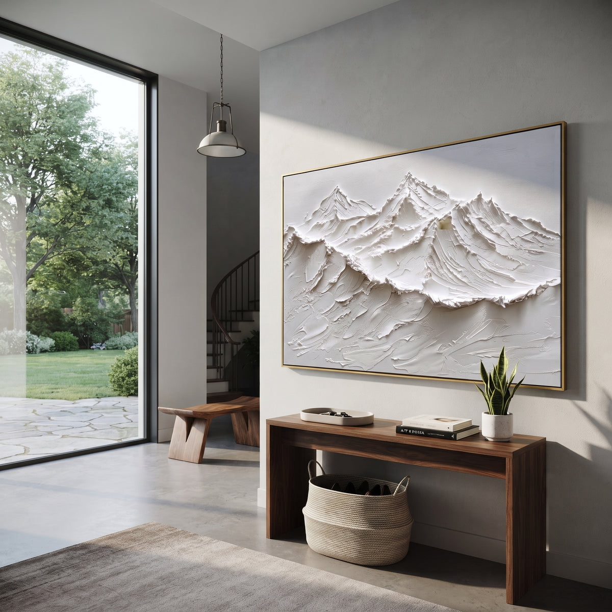 White Mountain Relief Range focuses on this hand-painted textured canvas features white mountain relief range with raised snowy peaks and sweeping grey valleys. The composition is described from the actual main image, so the visible subject, color balance, spacing, and surface movement stay specific to this product instead of reading like a batch title. Raised palette-knife layers, sculpted impasto ridges, softened brush transitions, and tactile handmade texture give the canvas dimensional depth