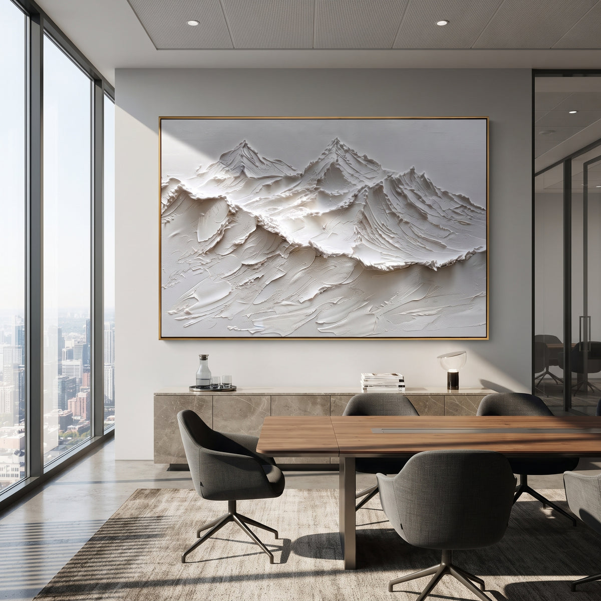 White Mountain Relief Range focuses on this hand-painted textured canvas features white mountain relief range with raised snowy peaks and sweeping grey valleys. The composition is described from the actual main image, so the visible subject, color balance, spacing, and surface movement stay specific to this product instead of reading like a batch title. Raised palette-knife layers, sculpted impasto ridges, softened brush transitions, and tactile handmade texture give the canvas dimensional depth