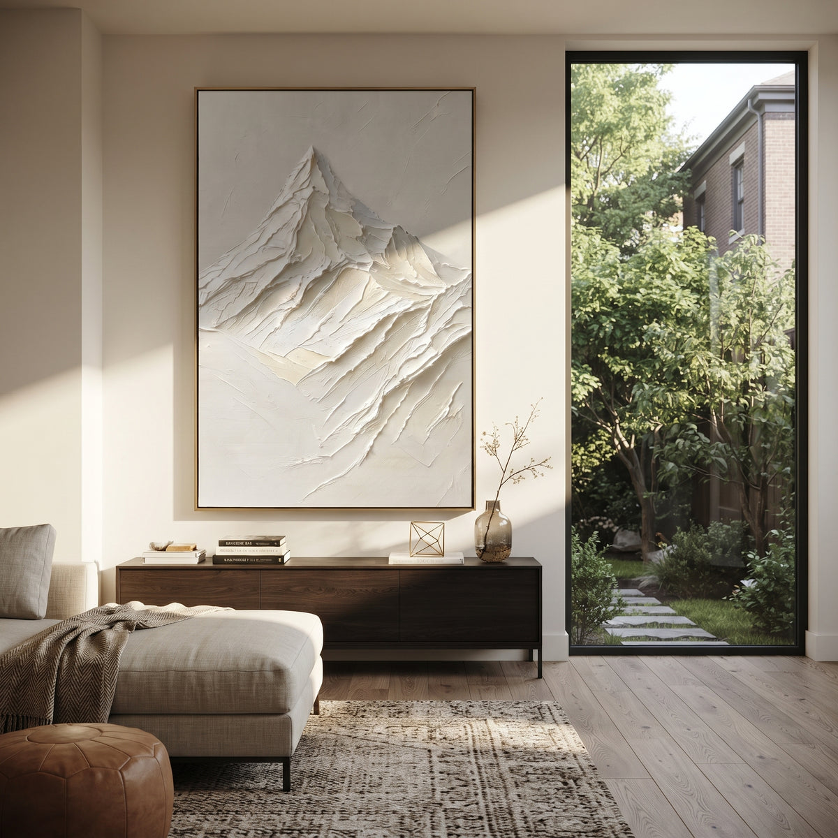White Mountain Peak Relief focuses on this hand-painted textured canvas features single White Mountain Peak Relief with carved snow ridges and minimal plaster ground. The composition is described from the actual main image, so the visible subject, color balance, spacing, and surface movement stay specific to this product instead of reading like a batch title. Raised palette-knife layers, sculpted impasto ridges, softened brush transitions, and tactile handmade texture give the canvas dimensional