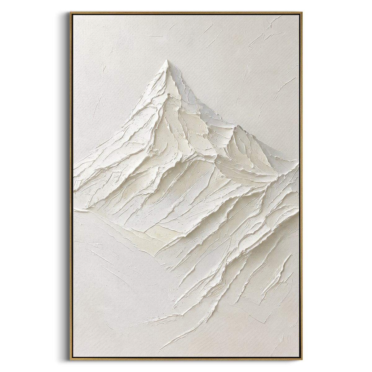 White Mountain Peak Relief focuses on this hand-painted textured canvas features single White Mountain Peak Relief with carved snow ridges and minimal plaster ground. The composition is described from the actual main image, so the visible subject, color balance, spacing, and surface movement stay specific to this product instead of reading like a batch title. Raised palette-knife layers, sculpted impasto ridges, softened brush transitions, and tactile handmade texture give the canvas dimensional