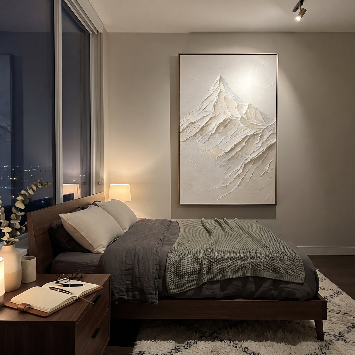 White Mountain Peak Relief focuses on this hand-painted textured canvas features single White Mountain Peak Relief with carved snow ridges and minimal plaster ground. The composition is described from the actual main image, so the visible subject, color balance, spacing, and surface movement stay specific to this product instead of reading like a batch title. Raised palette-knife layers, sculpted impasto ridges, softened brush transitions, and tactile handmade texture give the canvas dimensional
