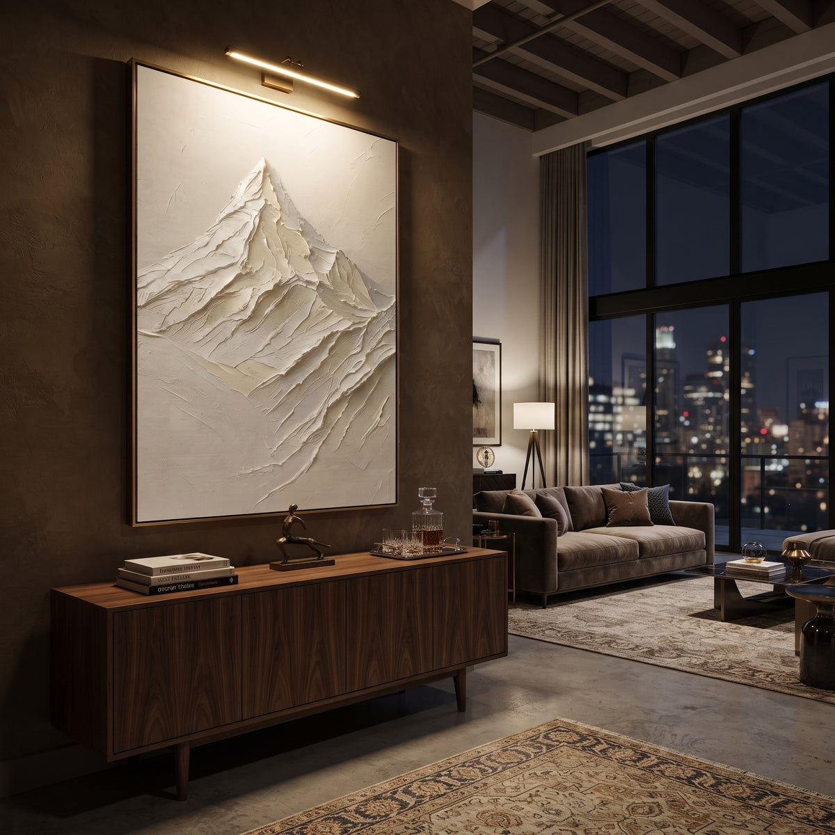 White Mountain Peak Relief focuses on this hand-painted textured canvas features single White Mountain Peak Relief with carved snow ridges and minimal plaster ground. The composition is described from the actual main image, so the visible subject, color balance, spacing, and surface movement stay specific to this product instead of reading like a batch title. Raised palette-knife layers, sculpted impasto ridges, softened brush transitions, and tactile handmade texture give the canvas dimensional