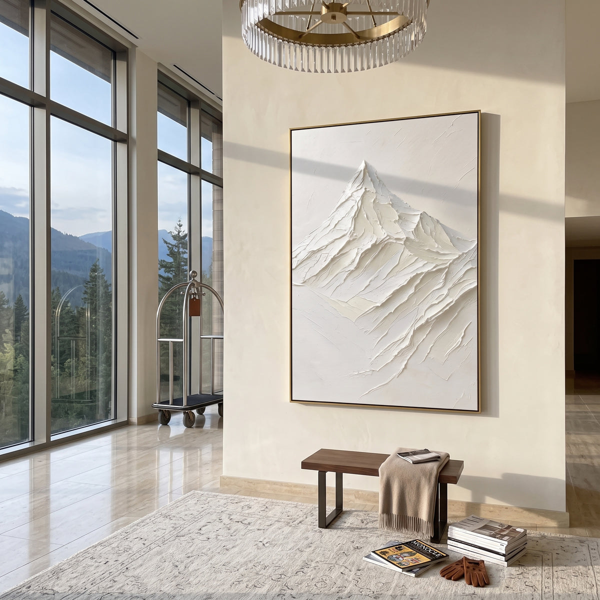 White Mountain Peak Relief focuses on this hand-painted textured canvas features single White Mountain Peak Relief with carved snow ridges and minimal plaster ground. The composition is described from the actual main image, so the visible subject, color balance, spacing, and surface movement stay specific to this product instead of reading like a batch title. Raised palette-knife layers, sculpted impasto ridges, softened brush transitions, and tactile handmade texture give the canvas dimensional