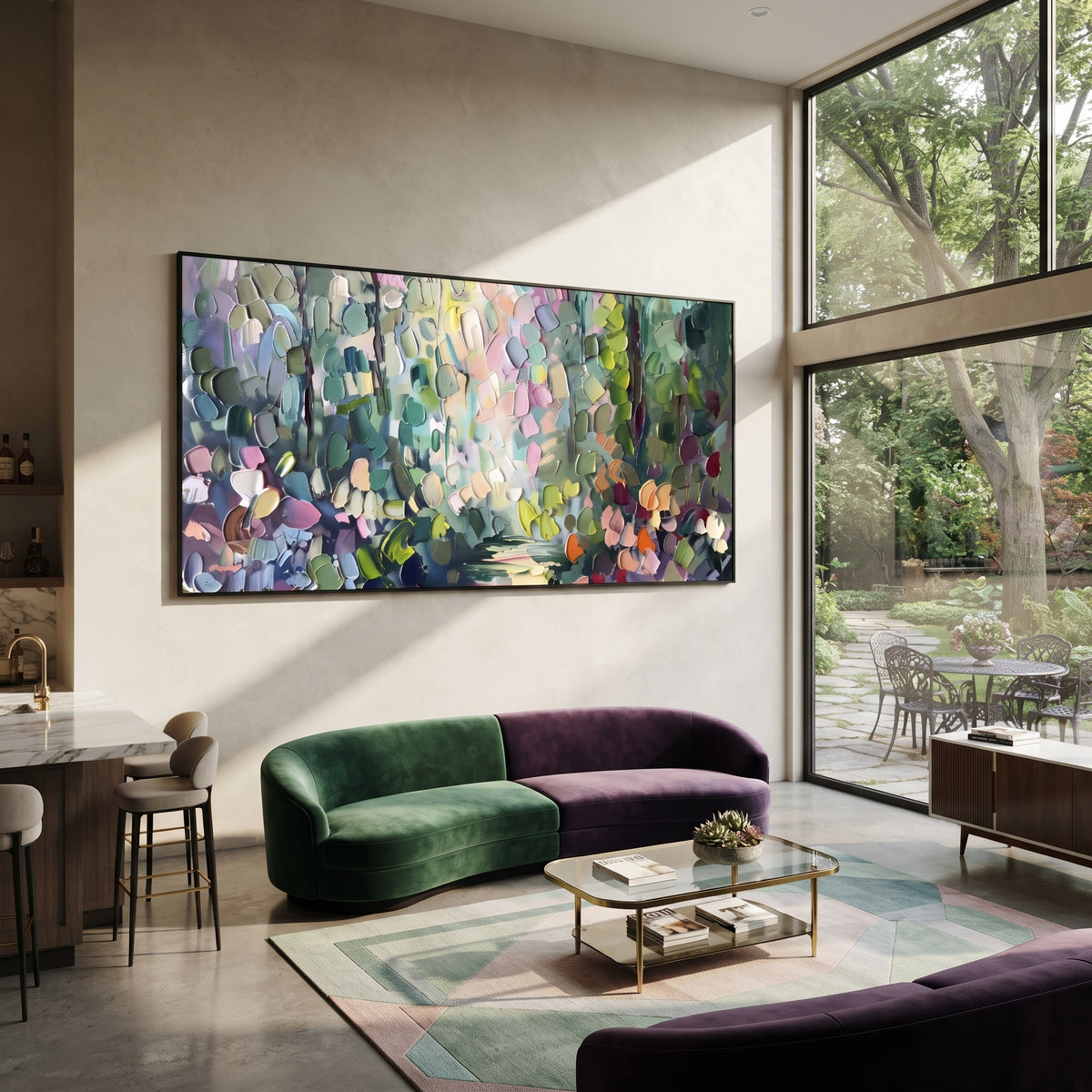 Pastel Forest Garden focuses on this hand-painted textured canvas features pastel forest garden with rounded blossoms, green leaves, and colorful light patches. The composition is described from the actual main image, so the visible subject, color balance, spacing, and surface movement stay specific to this product instead of reading like a batch title. Raised palette-knife layers, sculpted impasto ridges, softened brush transitions, and tactile handmade texture give the canvas dimensional depth