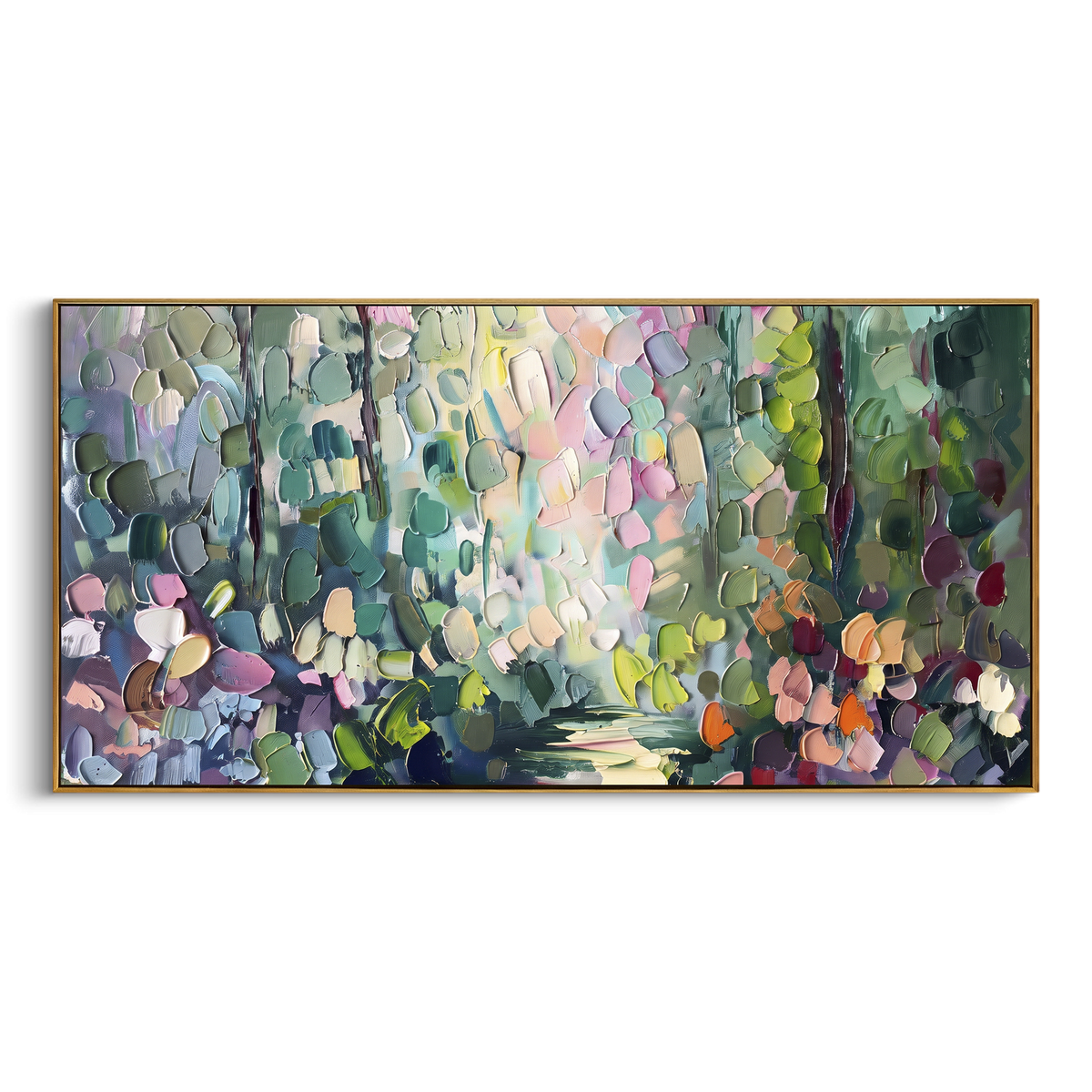 Pastel Forest Garden focuses on this hand-painted textured canvas features pastel forest garden with rounded blossoms, green leaves, and colorful light patches. The composition is described from the actual main image, so the visible subject, color balance, spacing, and surface movement stay specific to this product instead of reading like a batch title. Raised palette-knife layers, sculpted impasto ridges, softened brush transitions, and tactile handmade texture give the canvas dimensional depth