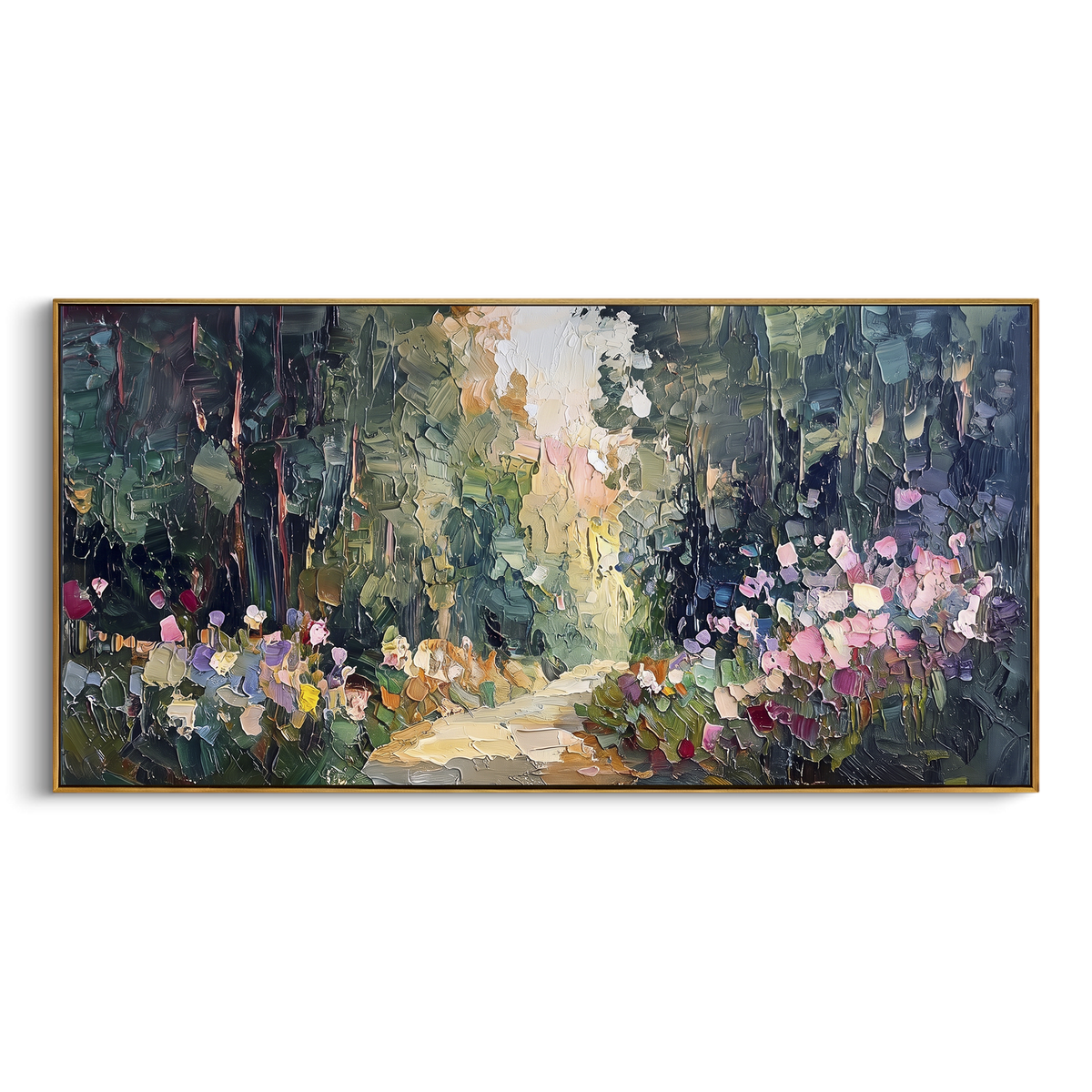 "Deep Woodland Flower Path" - Modern Heavy Impasto Landscape Artwork | Green & Pink Palette Knife Painting | Luxury Horizontal Wall Art #PT 2048