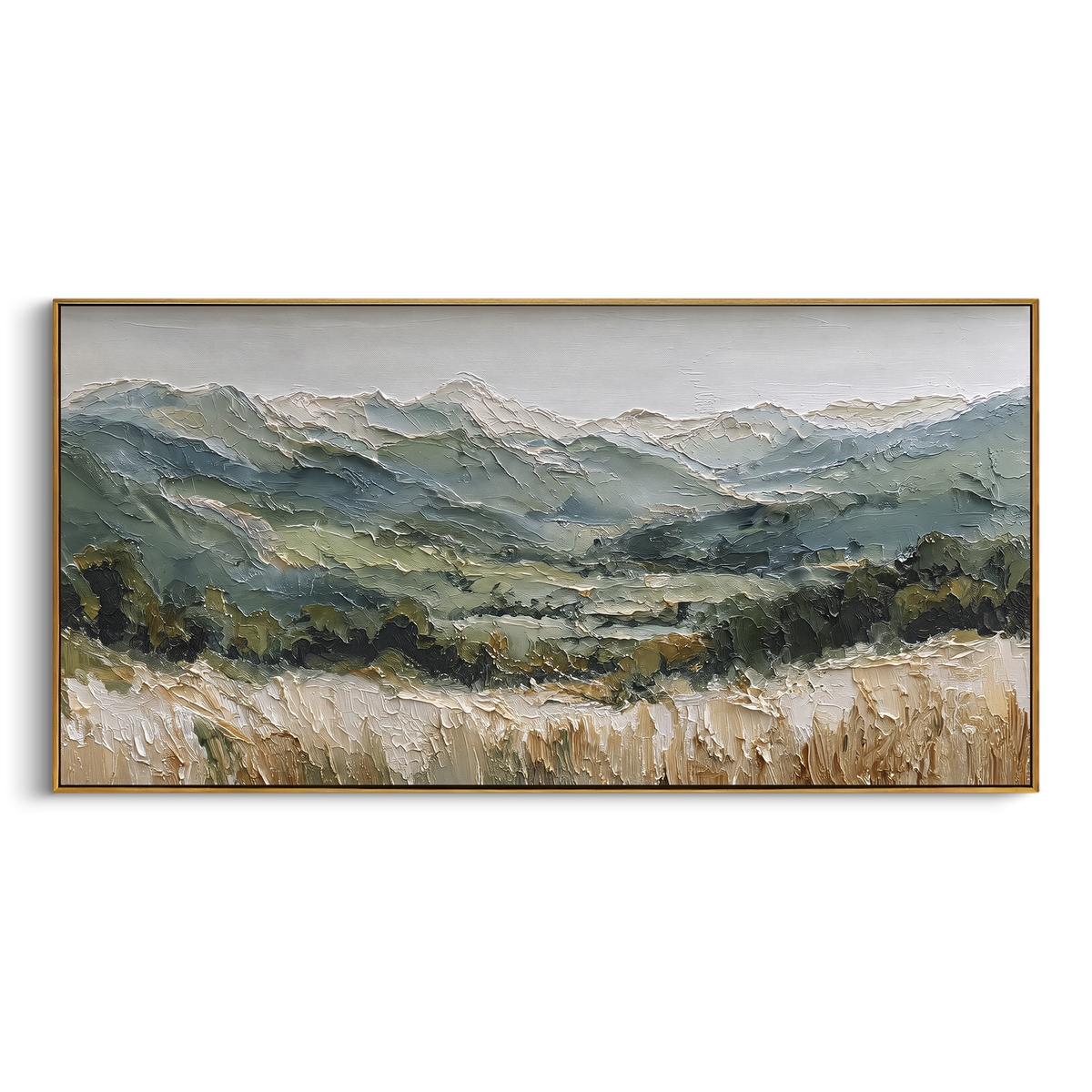 Misty Green Mountain Meadow focuses on this hand-painted textured canvas features misty green mountain meadow with distant ridges, dry grass foreground, and soft sky. The composition is described from the actual main image, so the visible subject, color balance, spacing, and surface movement stay specific to this product instead of reading like a batch title. Raised palette-knife layers, sculpted impasto ridges, softened brush transitions, and tactile handmade texture give the canvas dimensional